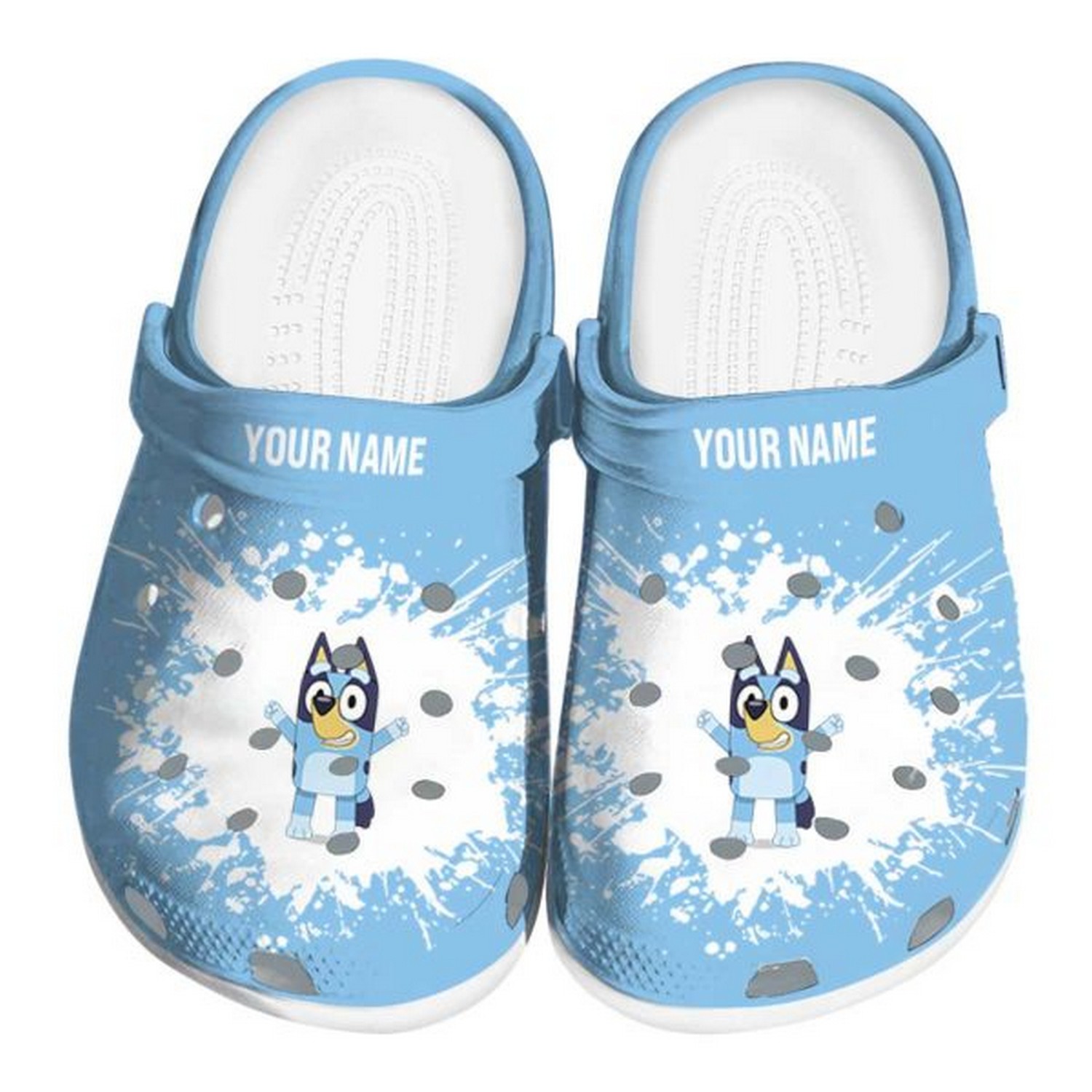 custom name bluey splatter background clogs for kids and adults ojhuk