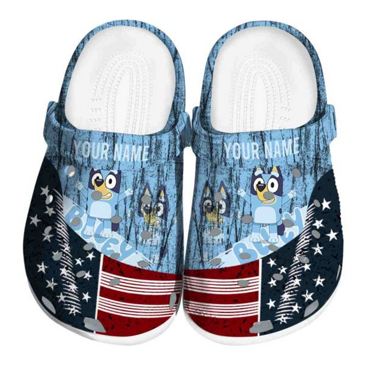 custom name bluey star spangled side pattern clogs for kids and adults odfg1