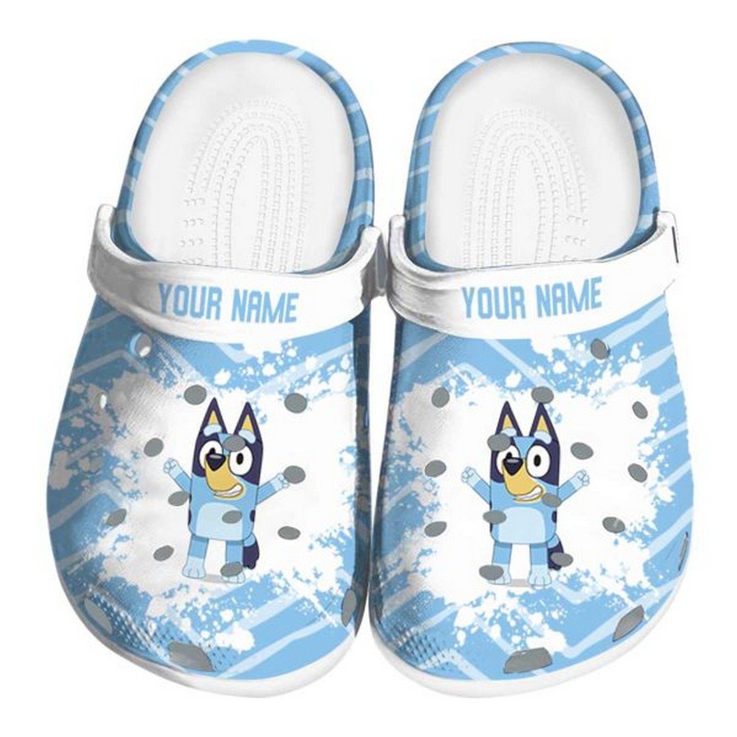 custom name bluey zigzag paint burst clogs for kids and adults tuilh
