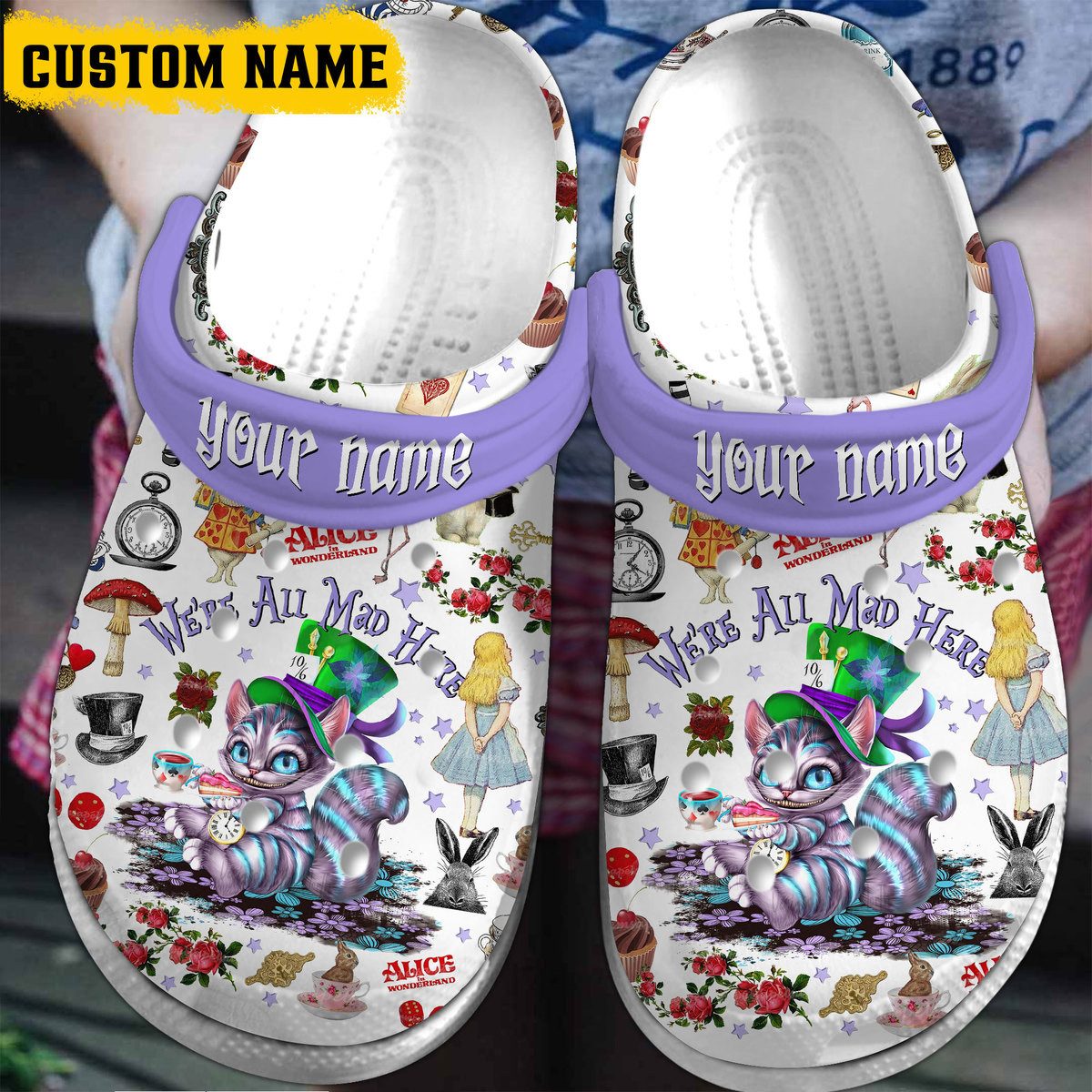 custom name crocs were all mad here cheshire cat crocs xopmg