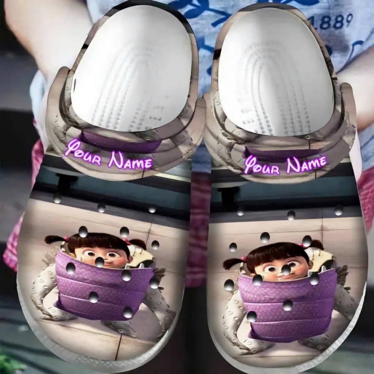 custom name cute boo in purple armor monsters inc university clogs for kids and adults mff2m
