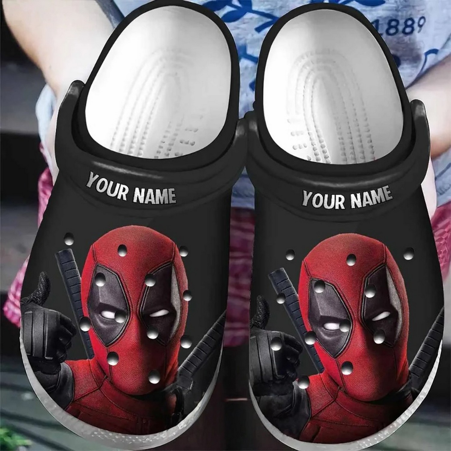 custom name deadpool like black clogs for kids 26 adults jamgy