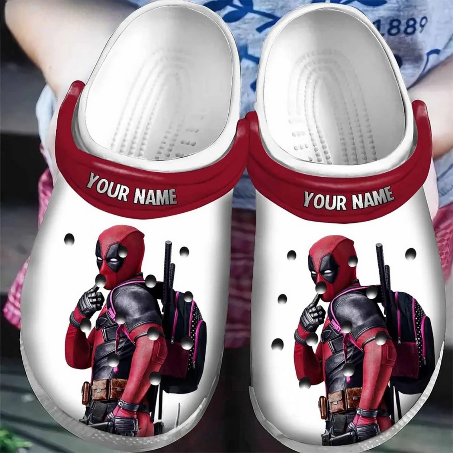 custom name deadpool wear pair clogs for kids and adults in2pe
