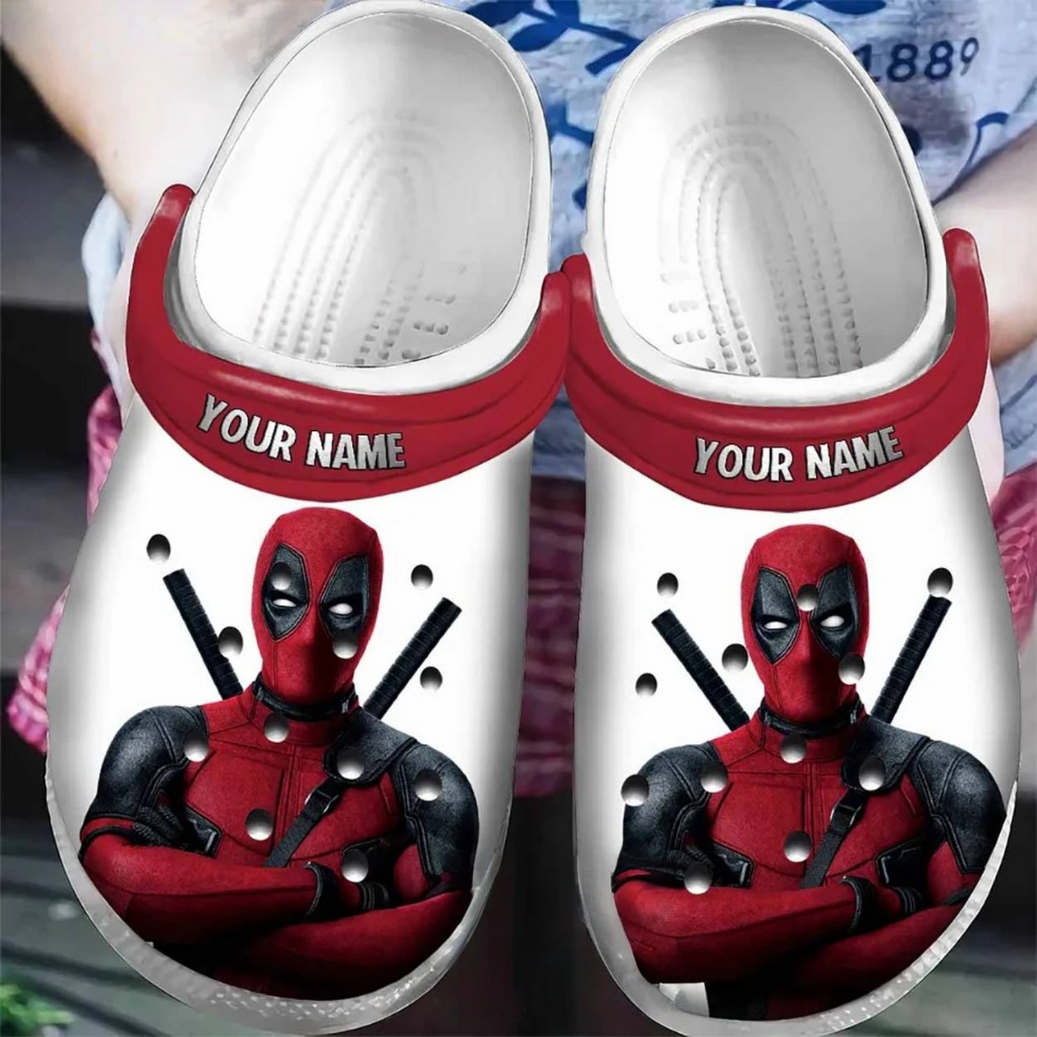 custom name deadpool white clogs for kids 26 adults 6yy0x