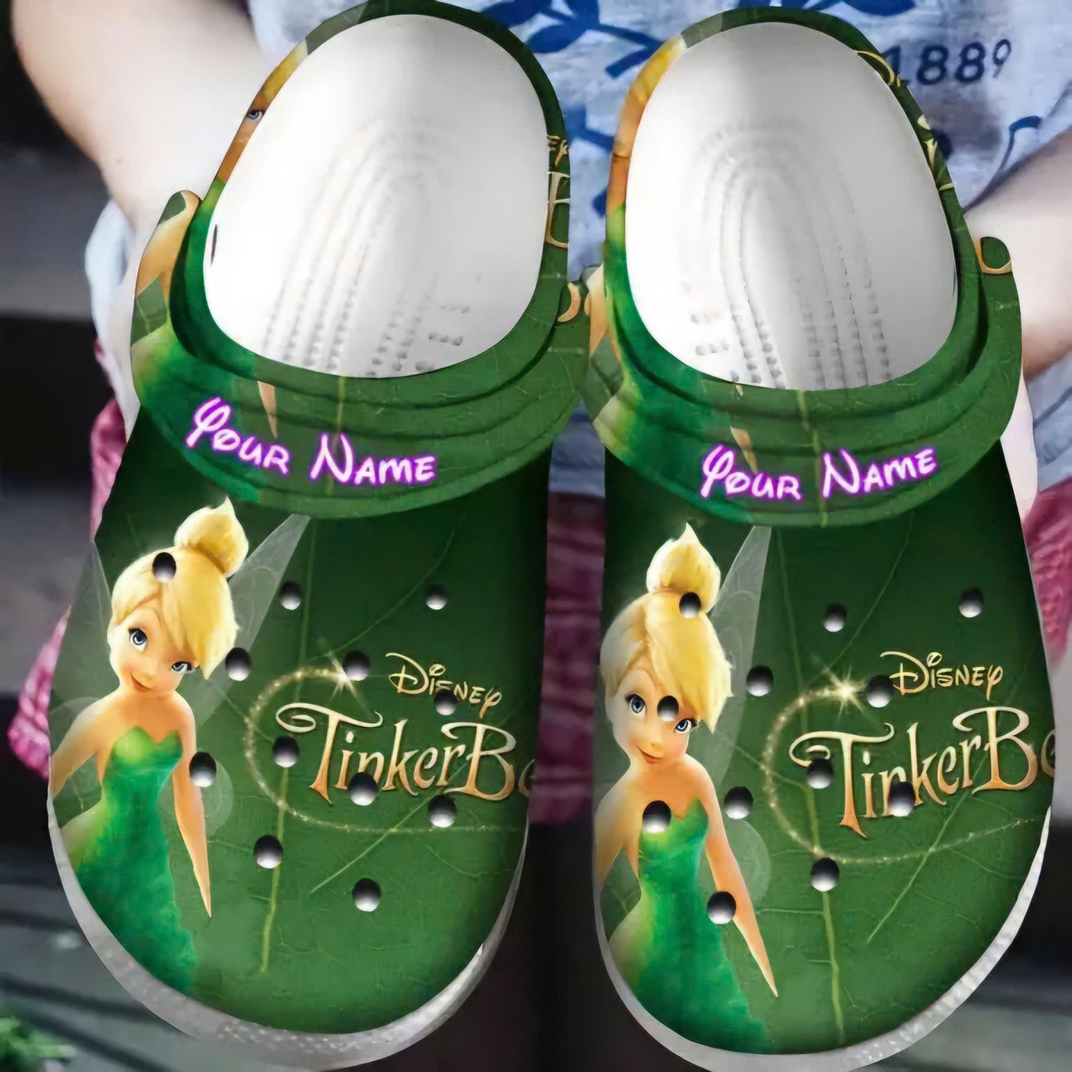 custom name disney tinkerbell on green leaf clogs for kids and adults zrkqf