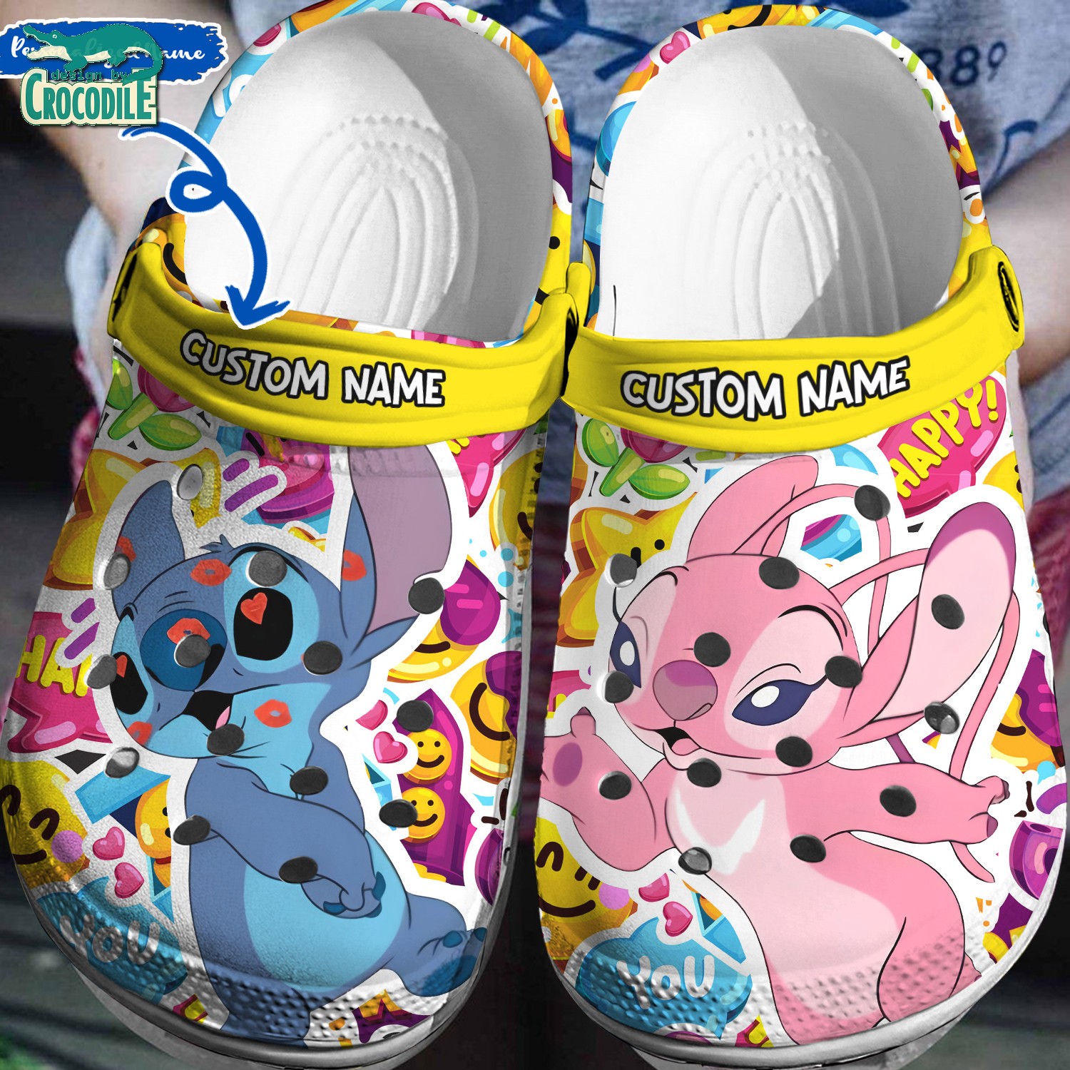 custom name flirt stitch and angel yellow with love icon with flower clogs for kids 26 adults ragxd