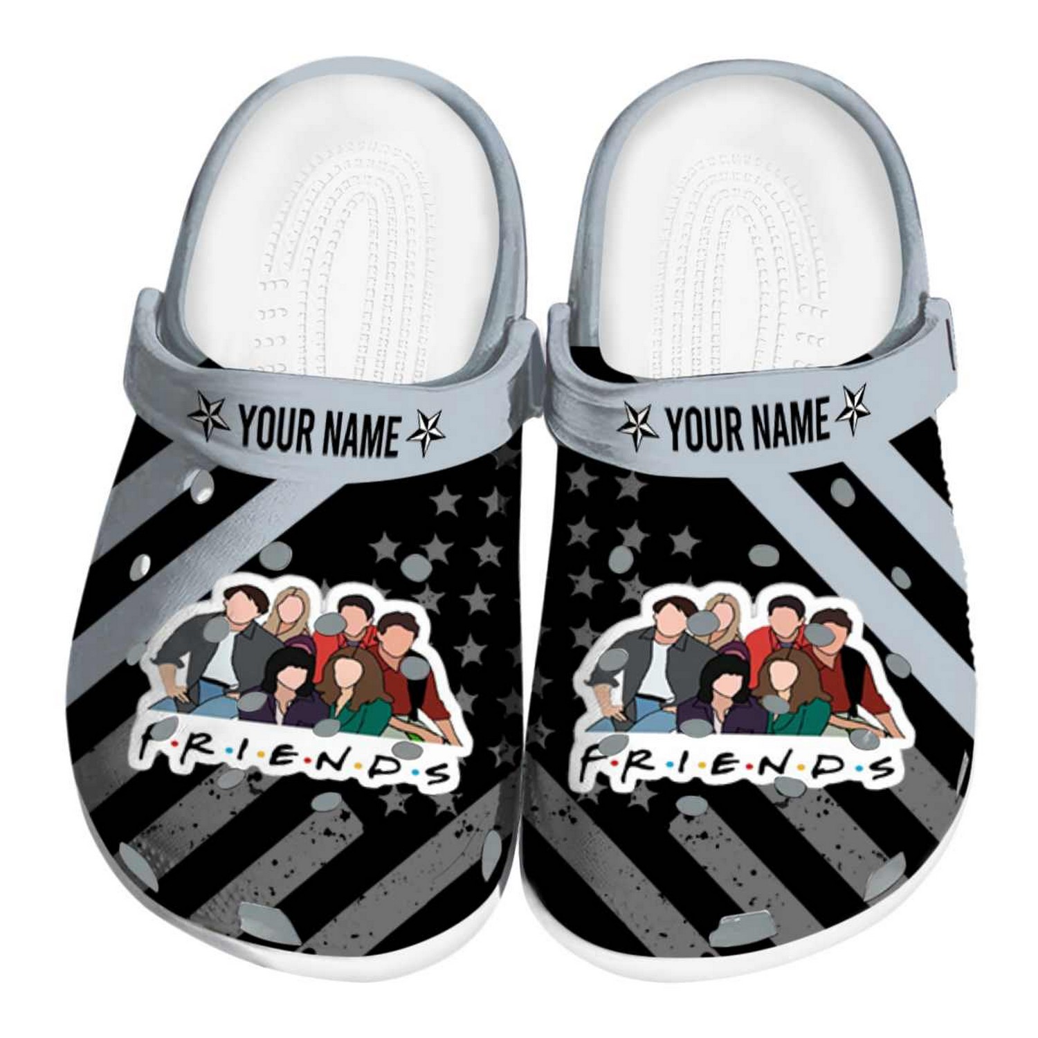 custom name friends tv star spangled graphic clogs for kids 26 adults jqdn2