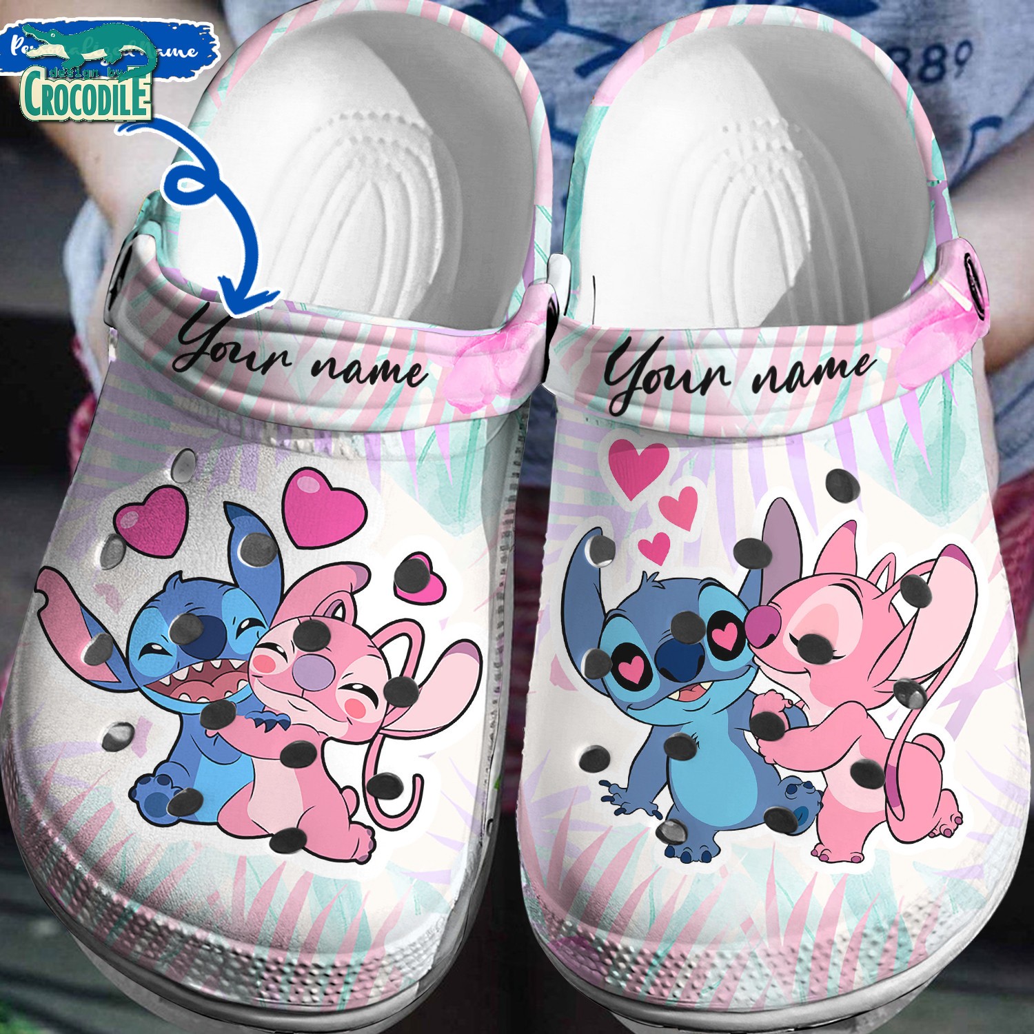 custom name funny love stitch and angel tropical leaves clogs for kids 26 adults vzrhd