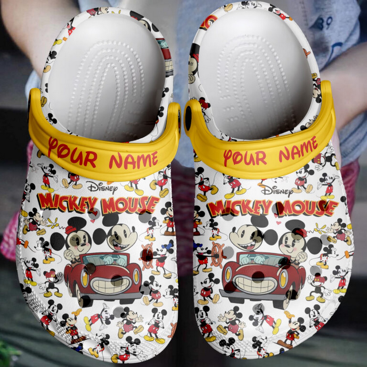 custom name happy mickey and minnie mouse in red car cartoon white clogs for kids and adults fast shipping 51j1p