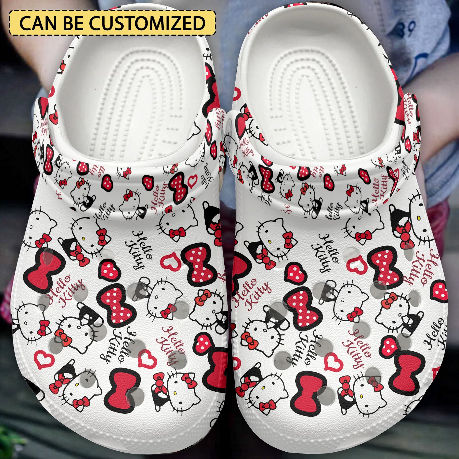 custom name hello kitty cute pattern white clogs for kids and adults 9cn3m