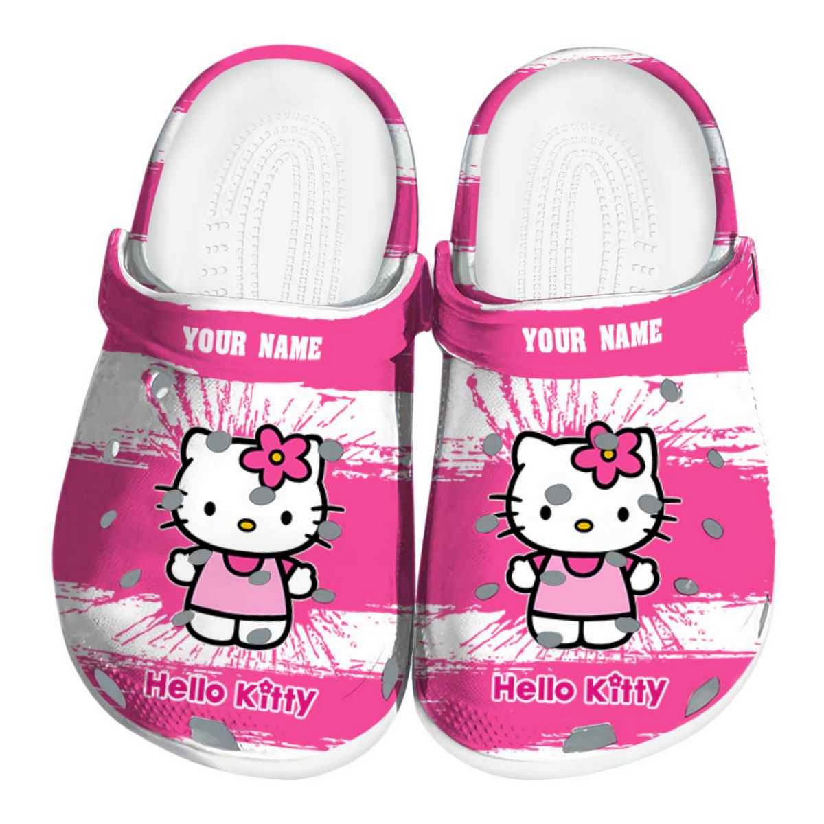 custom name hello kitty paint splater graphics clogs for kids and adults eis7e