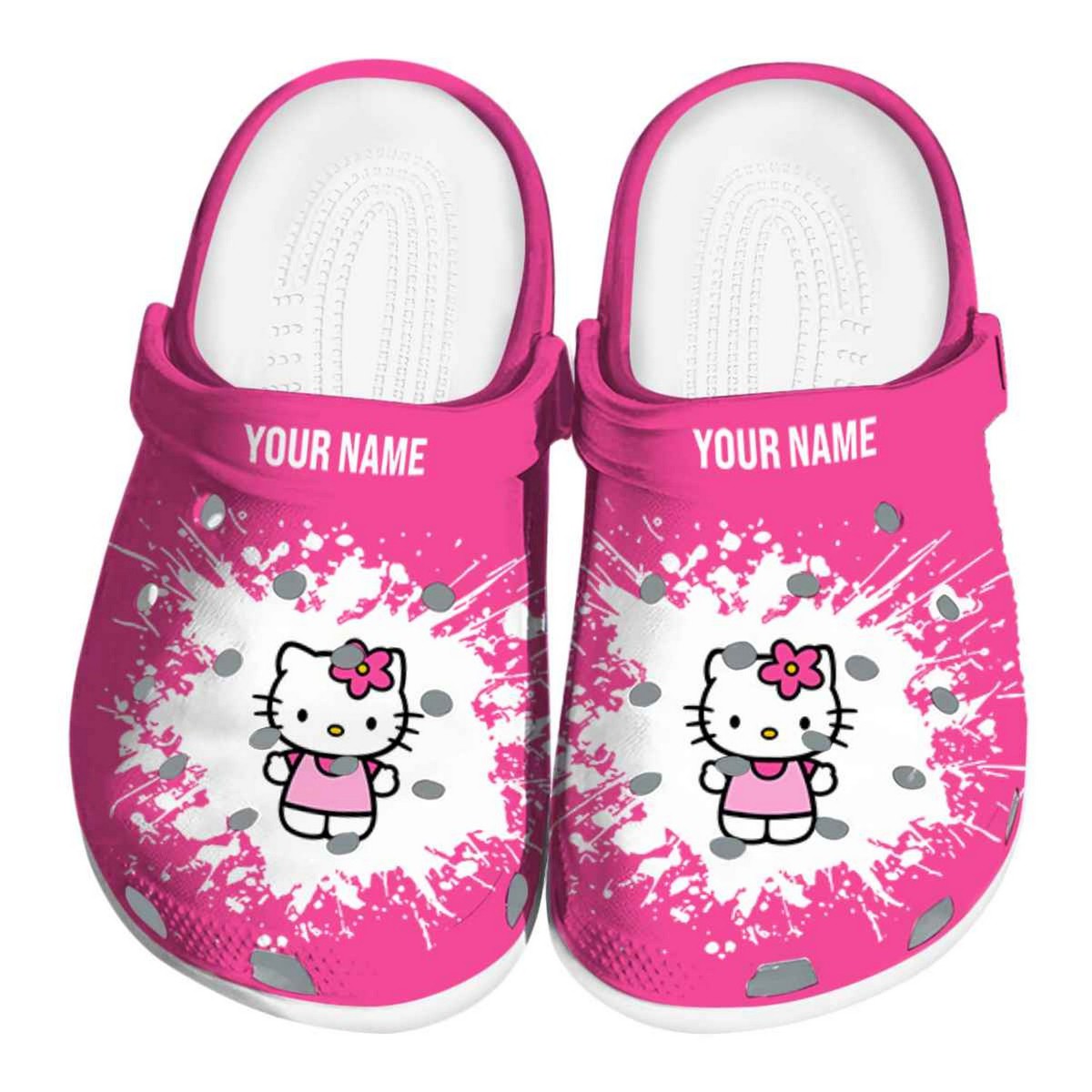 custom name hello kitty splatter background clogs for kids and adults ya5r1