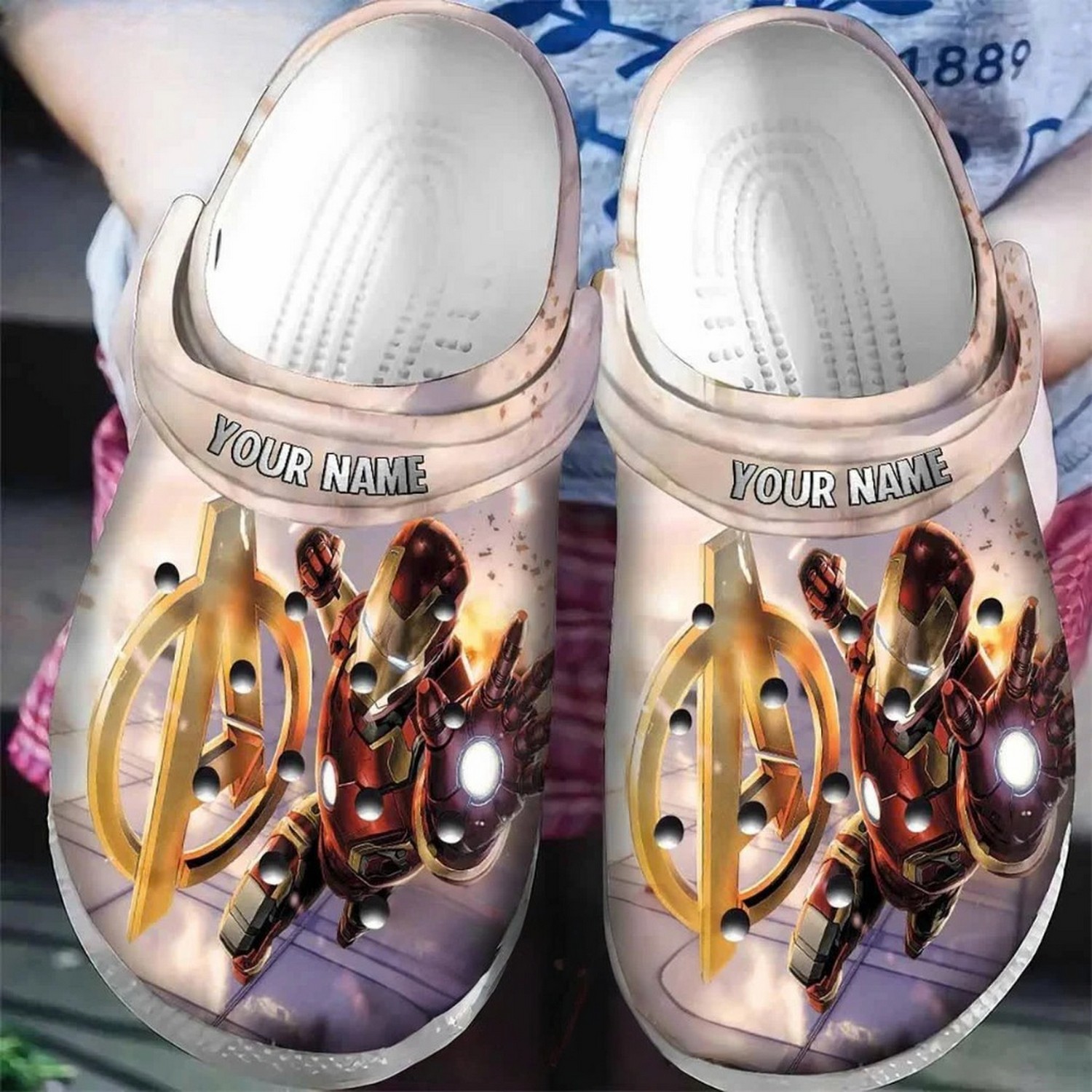 custom name iron man broken clogs for kids 26 adults 4qfoq