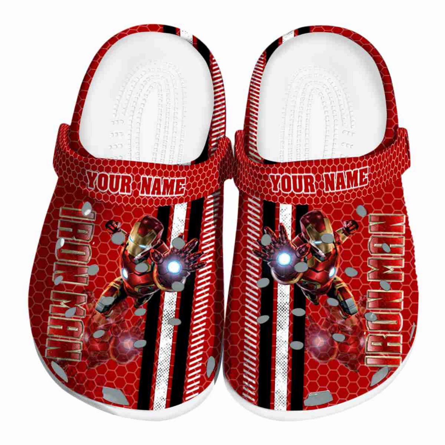 custom name iron man contrasting stripes clogs for kids 26 adults p3ykk