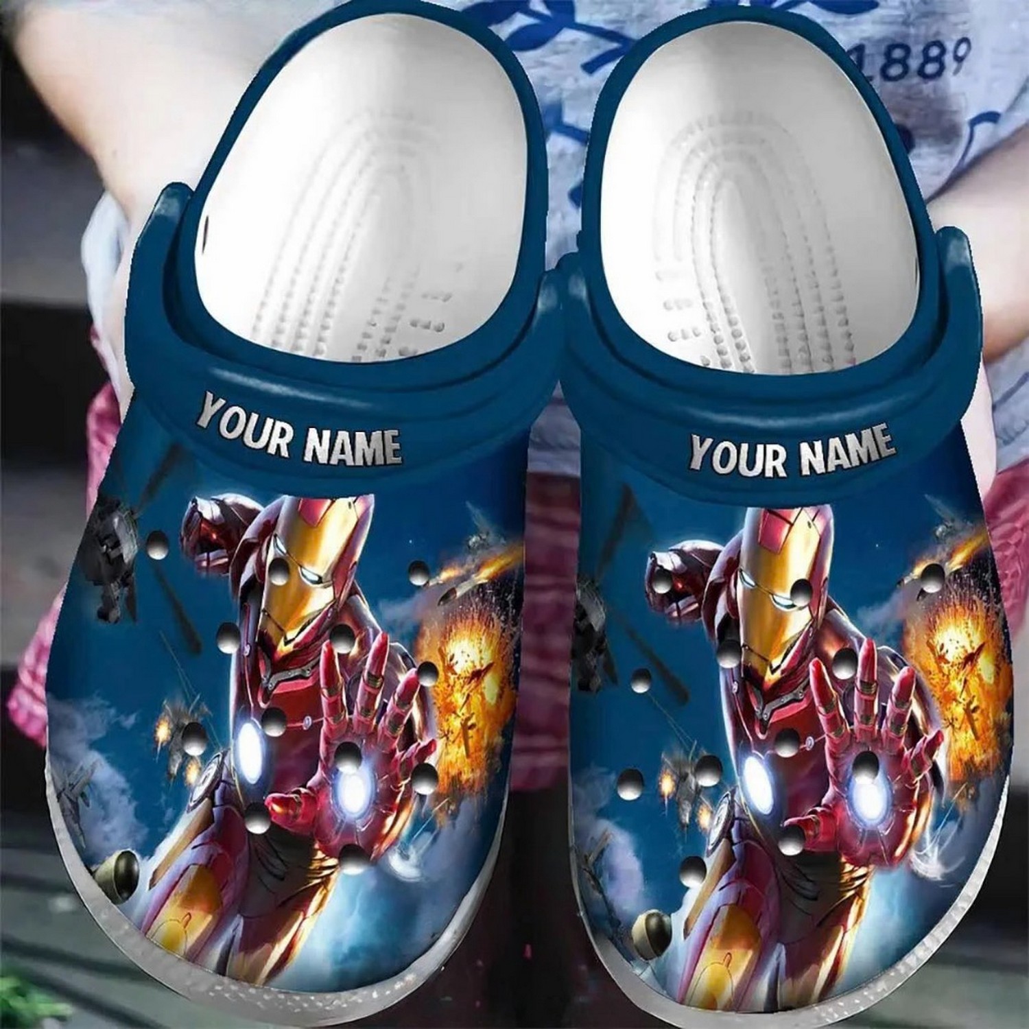 custom name iron man fight in sky clogs for kids and adults nlmid