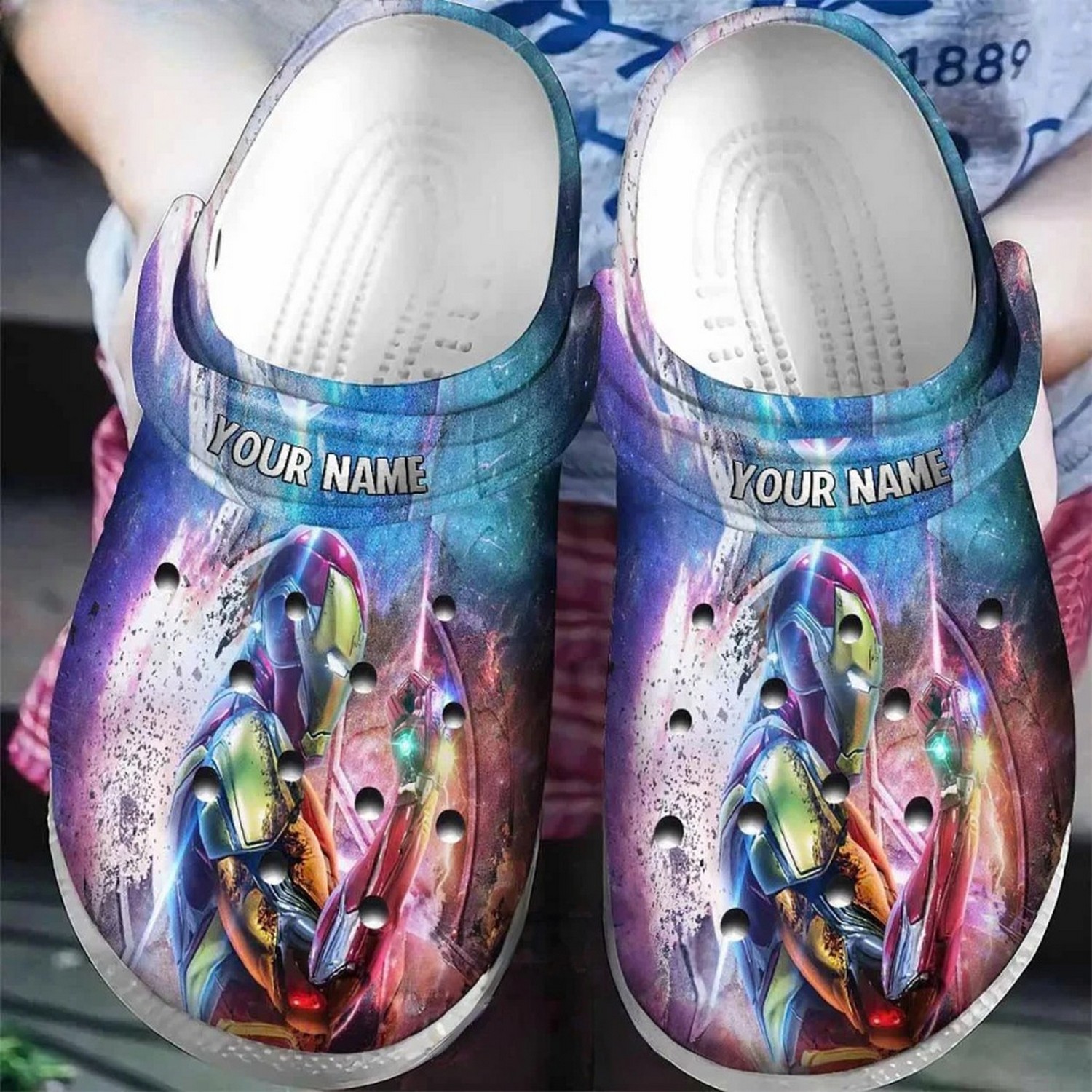 custom name iron man fighting galaxy clogs for kids 26 adults asq4b