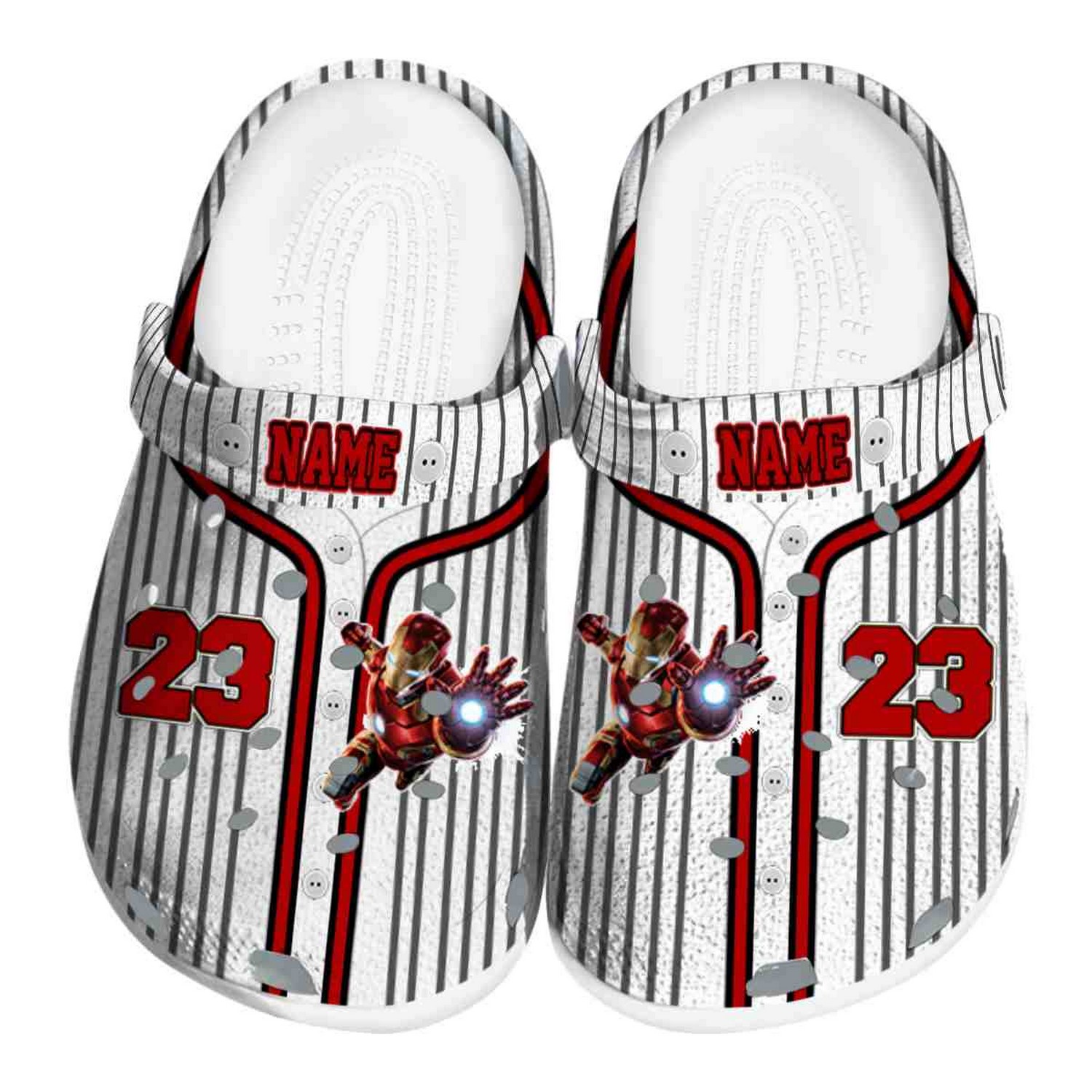 custom name iron man pinstripe pattern clogs for kids and adults azdii