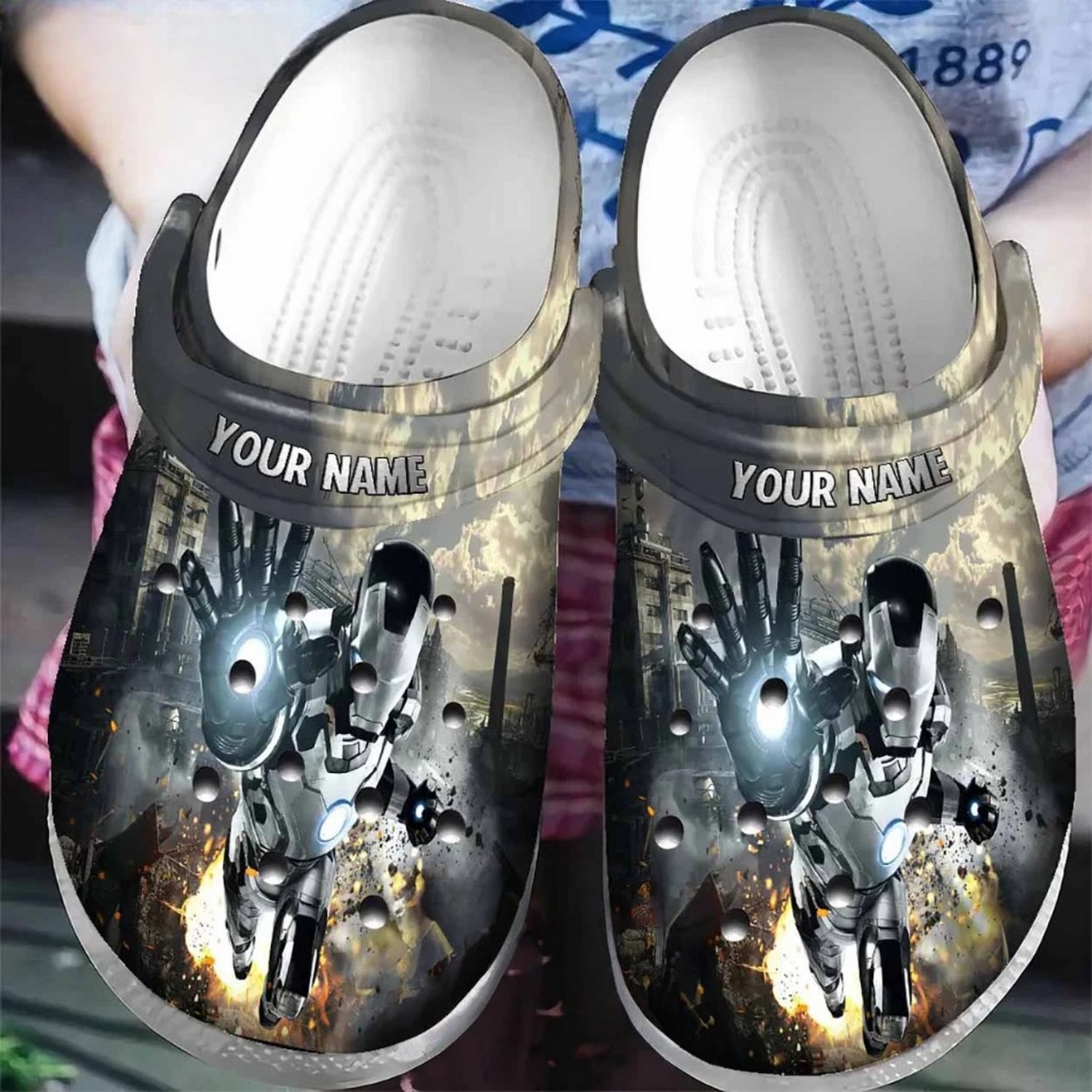 custom name iron man silver clogs for kids and adults wd5ni