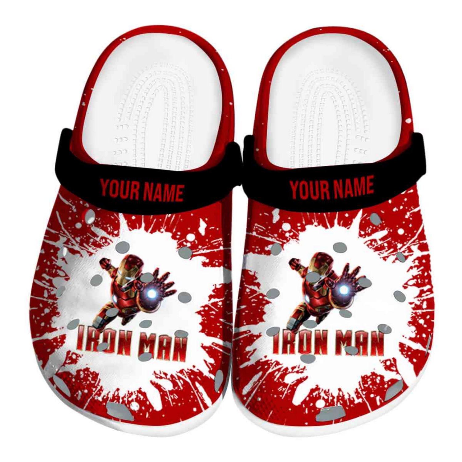 custom name iron man splash art clogs for kids 26 adults jvqry