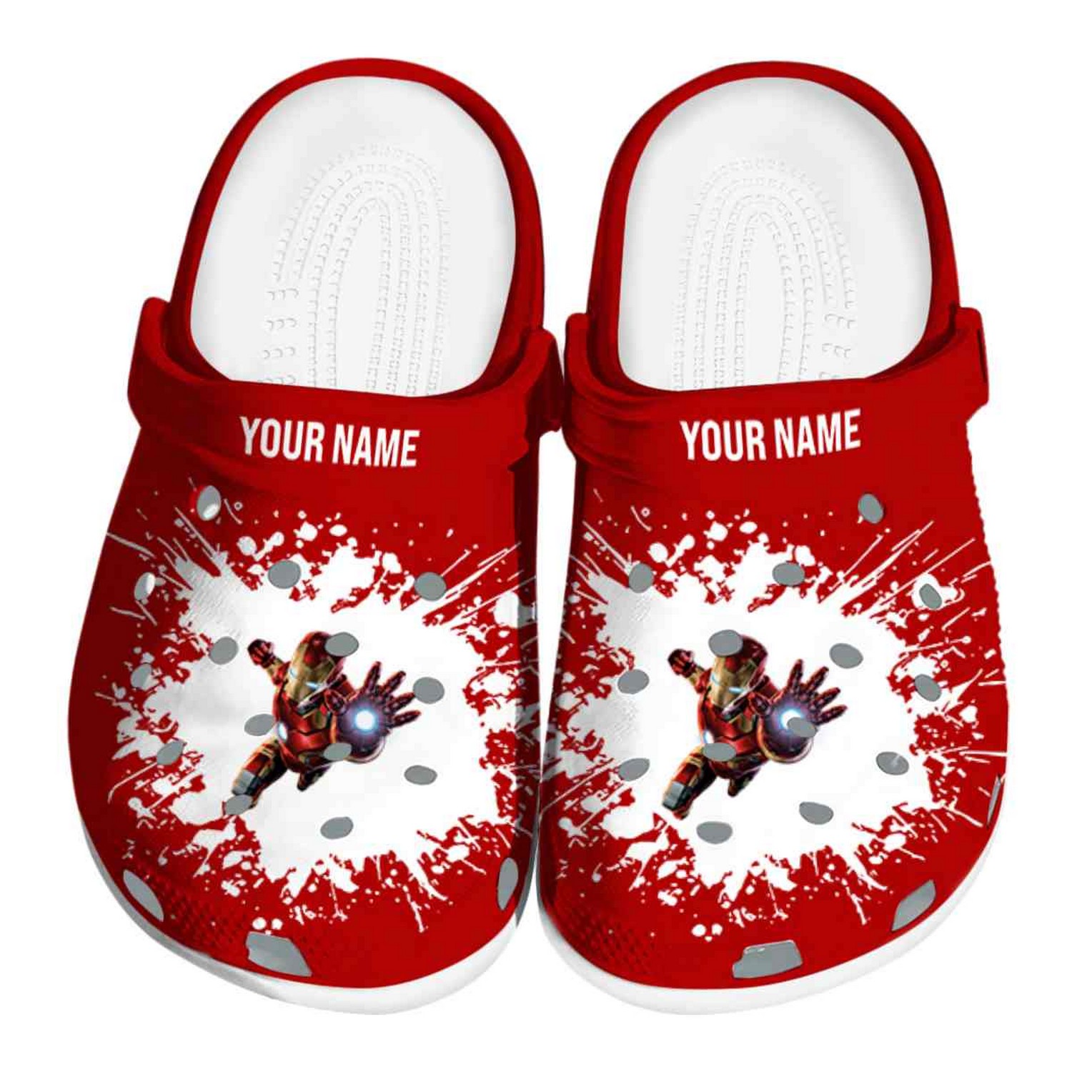 custom name iron man splatter background clogs for kids and adults sewem