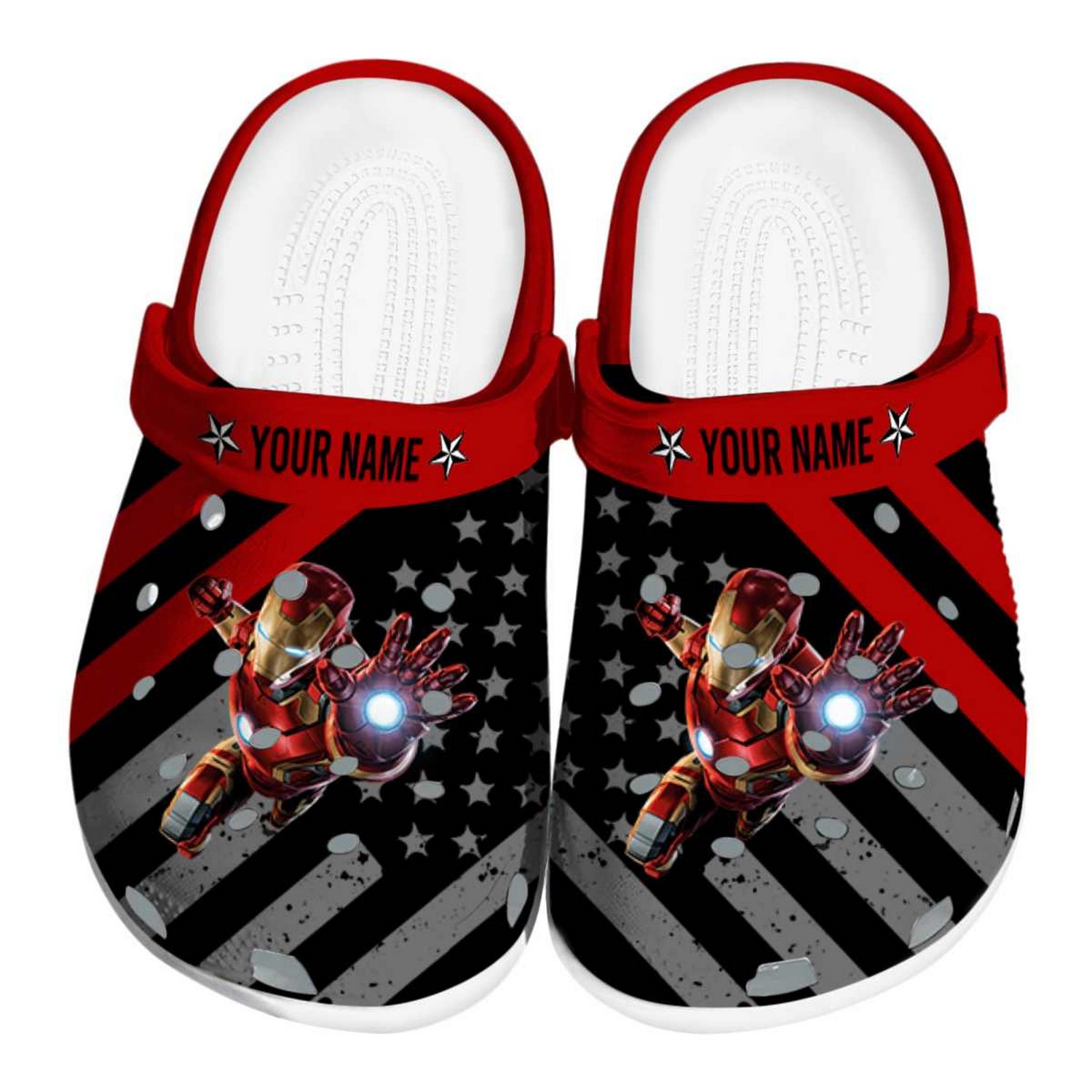 custom name iron man star spangled graphic clogs for kids and adults ss6iy