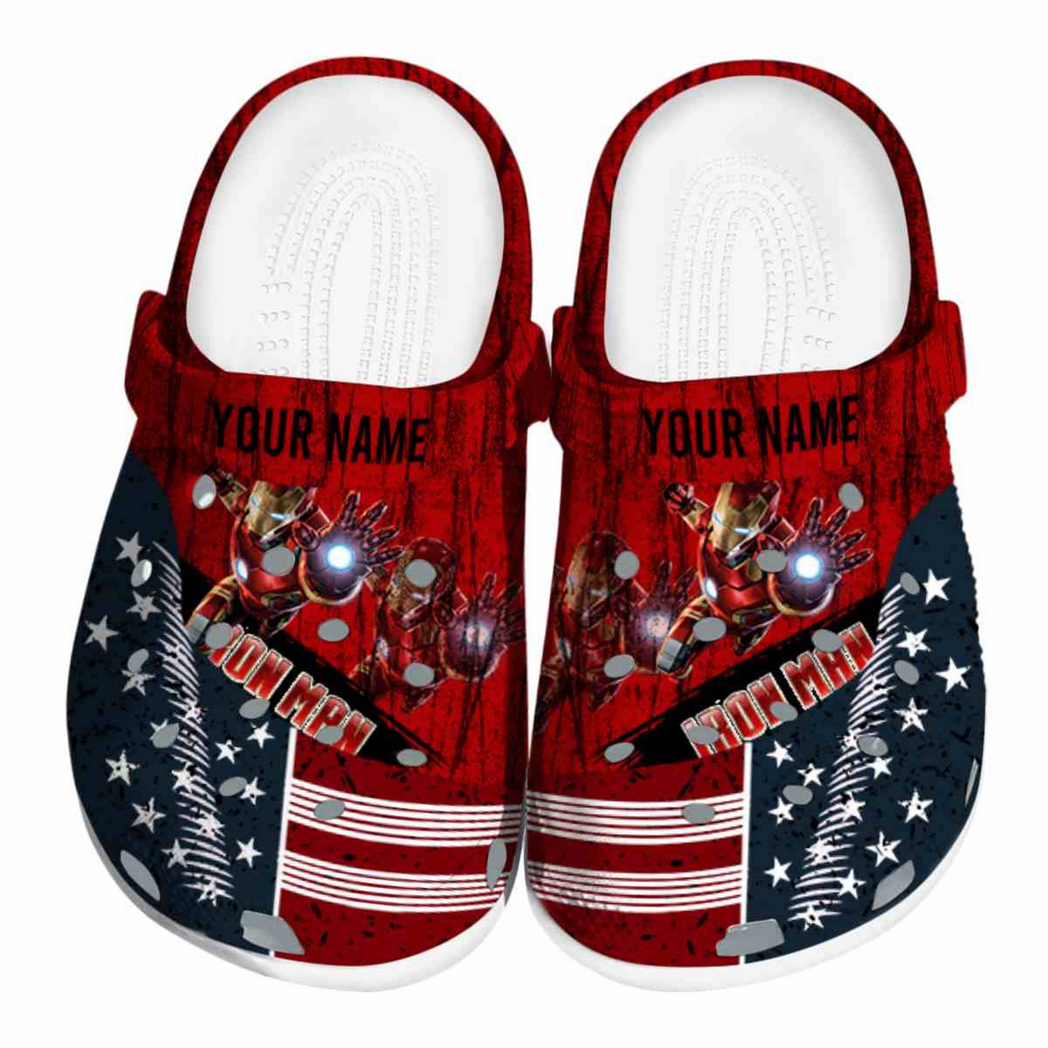 custom name iron man star spangled side pattern clogs for kids 26 adults qn6ru