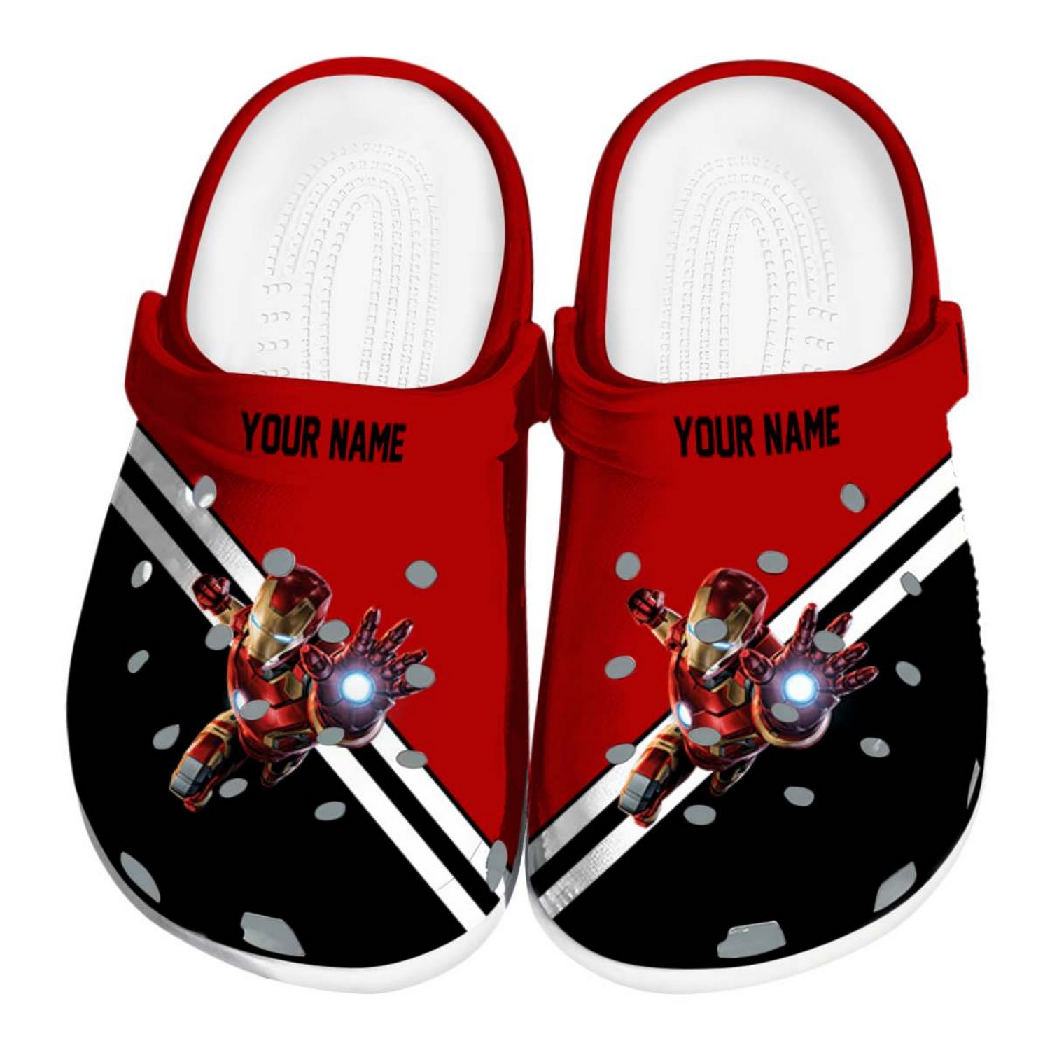 custom name iron man striped accents clogs for kids 26 adults o46du