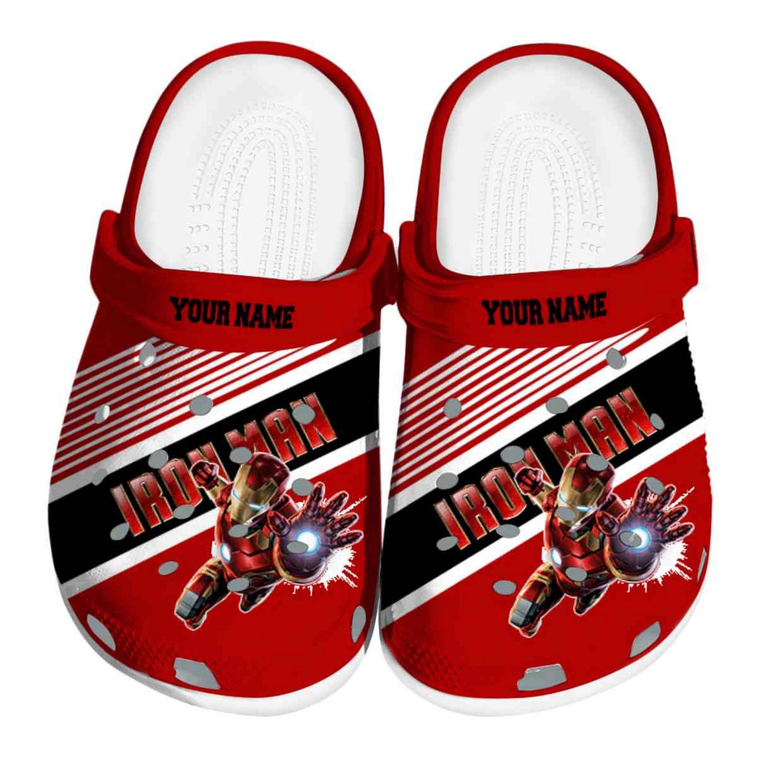 custom name iron man vibrant dual tone clogs for kids and adults via5a