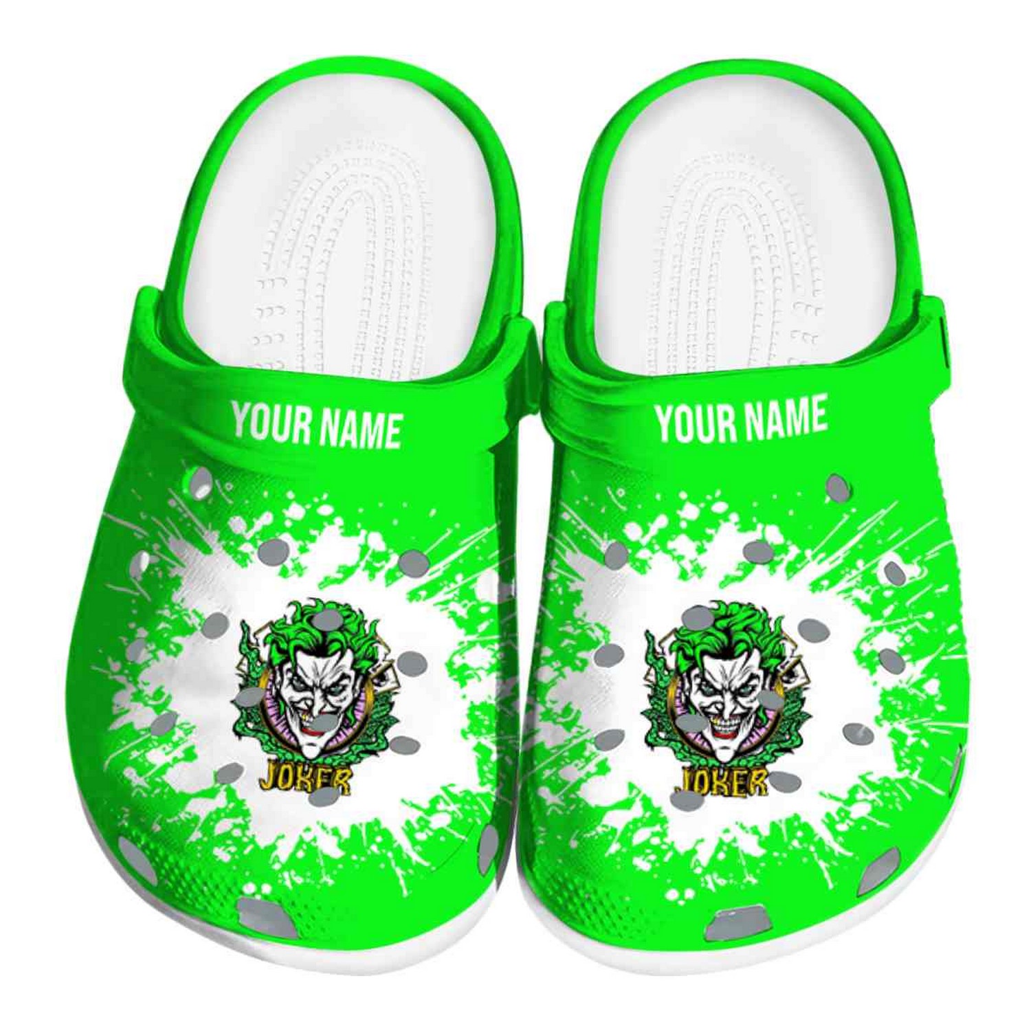 custom name joker splatter background clogs for kids 26 adults 18yul