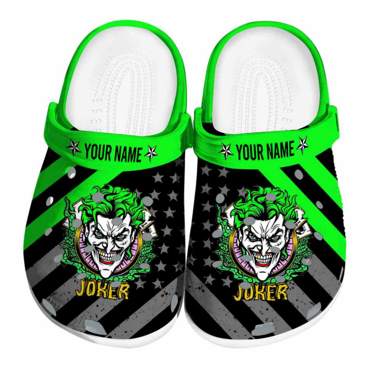custom name joker star spangled graphic clogs for kids and adults 3dbnv