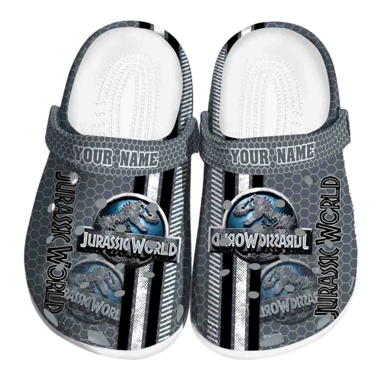 custom name jurassic world movie contrasting stripes clogs for kids 26 adults bofrf