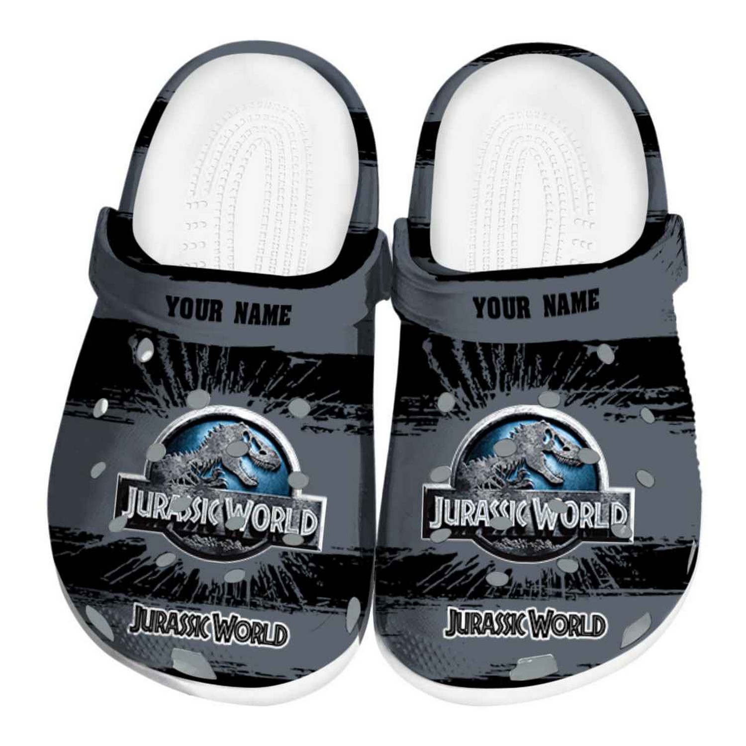custom name jurassic world movie paint splatter graphics clogs for kids and adults hh26h