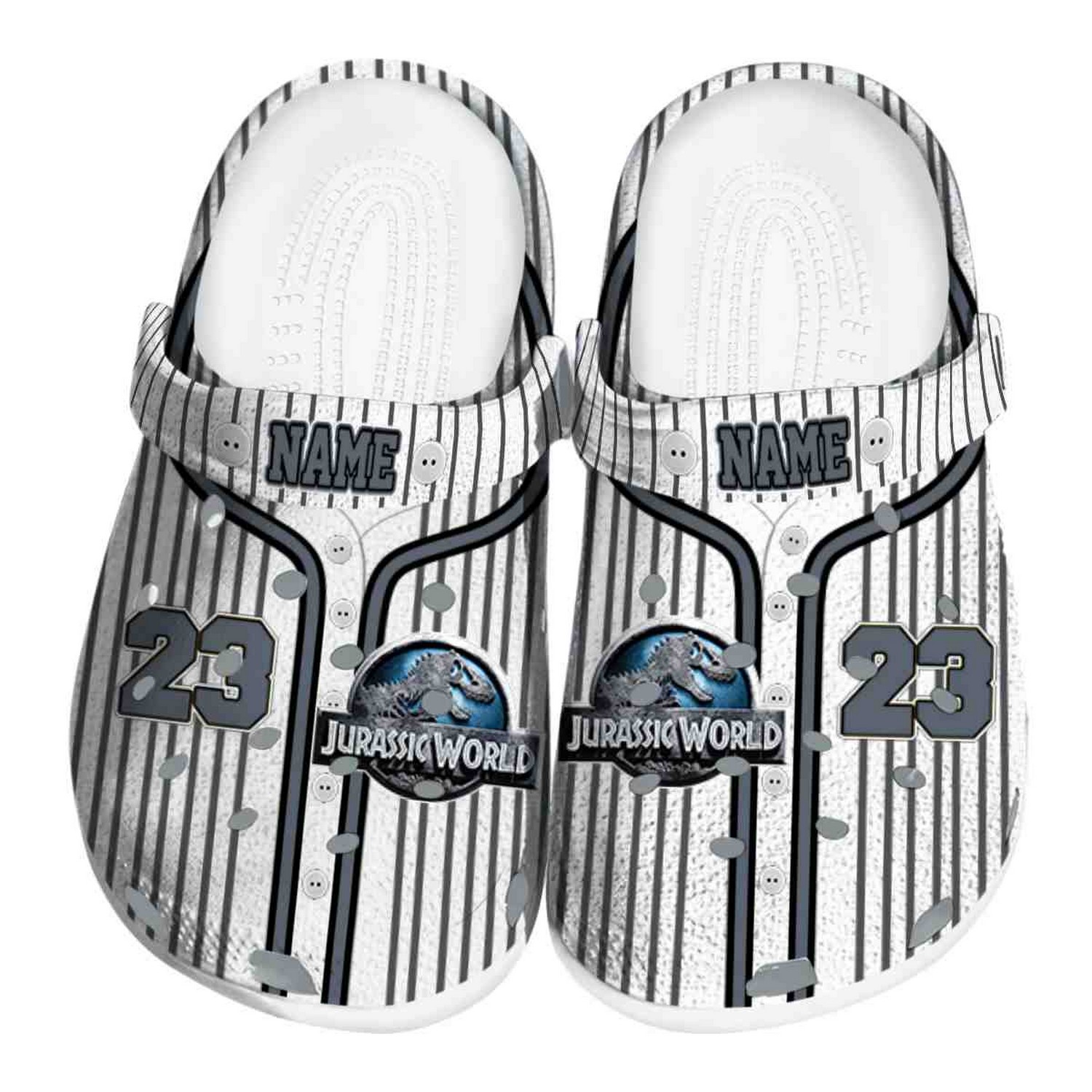 custom name jurassic world movie pinstripe pattern clogs for kids and adults 9mjgj