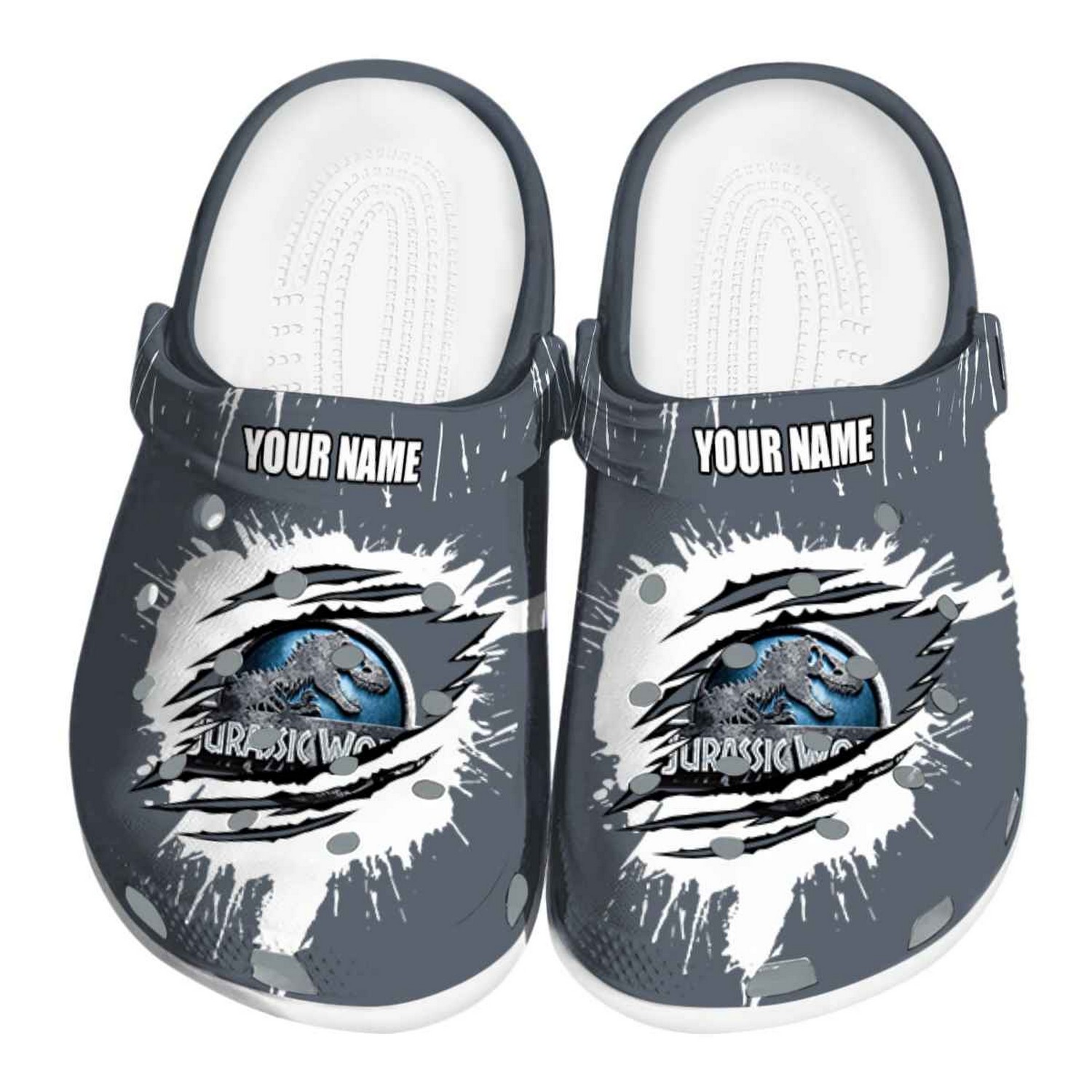custom name jurassic world movie splash motif background clogs for kids 26 adults p2nrk