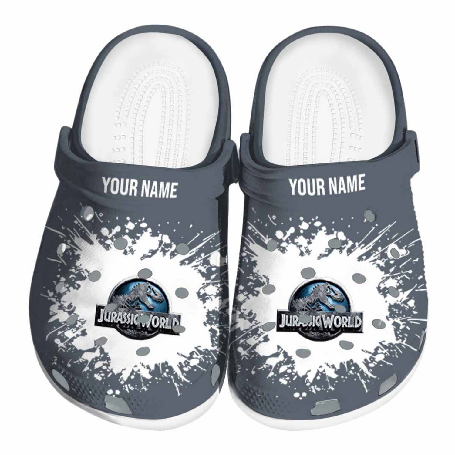custom name jurassic world movie splatter background clogs for kids 26 adults 6xj2h
