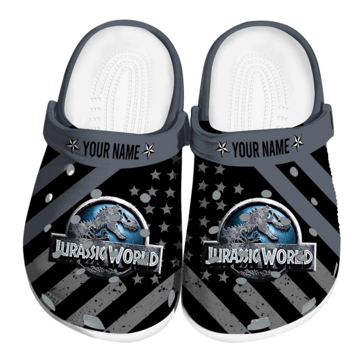 custom name jurassic world movie star spangled graphic clogs for kids and adults yilud