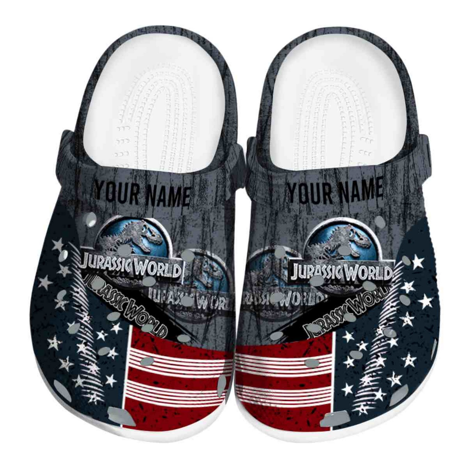 custom name jurassic world movie star spangled side pattern clogs for kids and adults r13ti