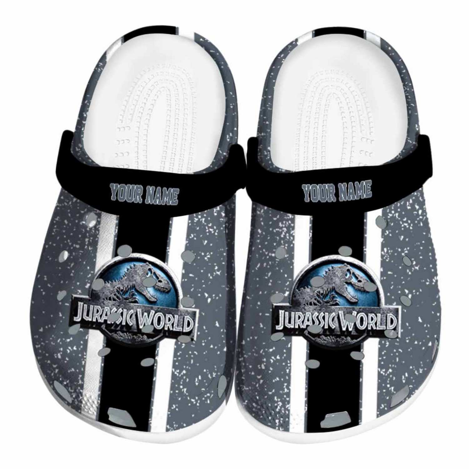 custom name jurassic world movie vertical stripes clogs for kids and adults gtwni