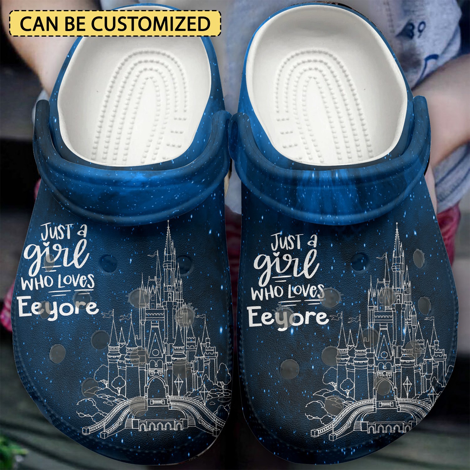 custom name just a girl who love eeyore cartoon disney castle clogs for kids and adults mzp3x