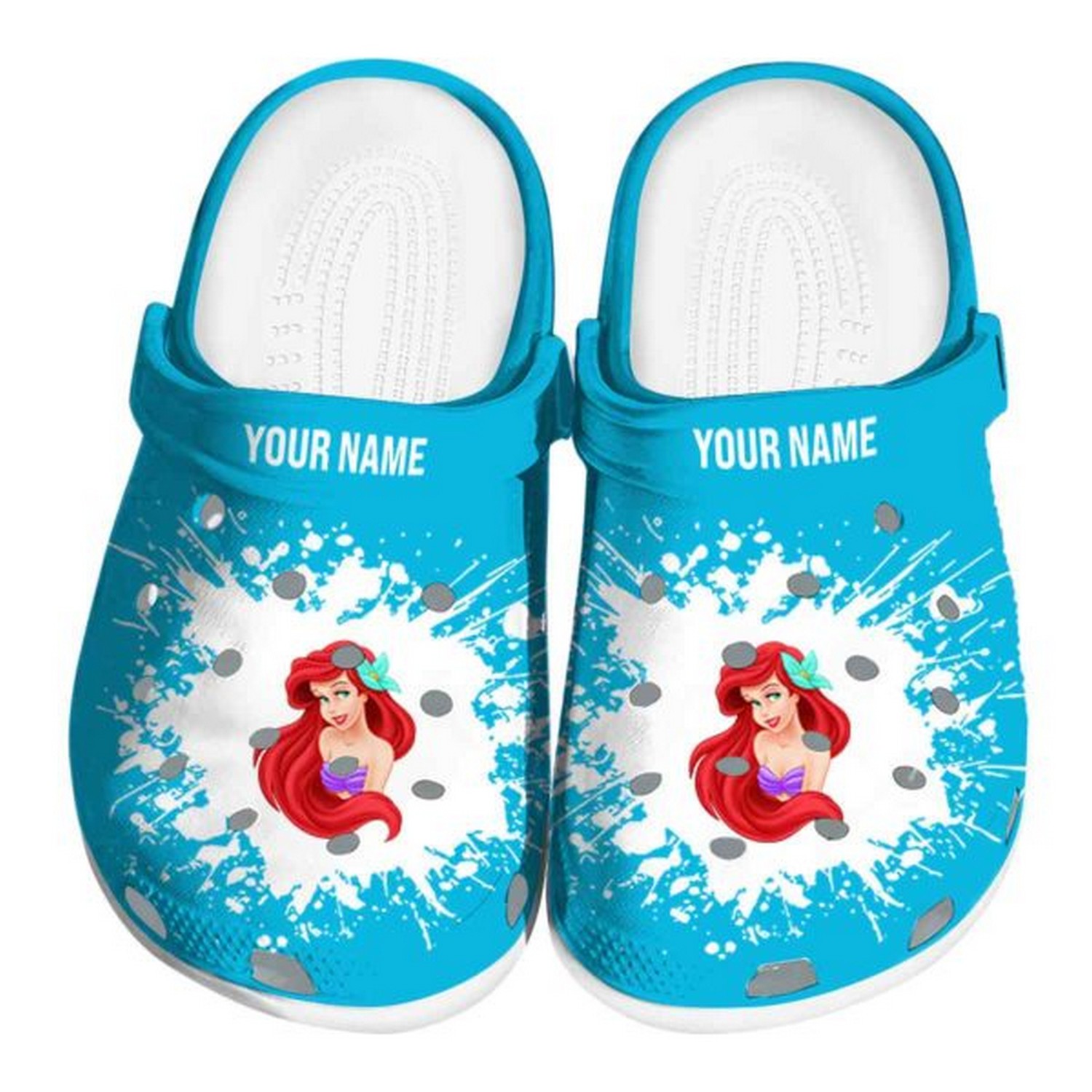 custom name little mermaid splatter background clogs fast shipping available otonj