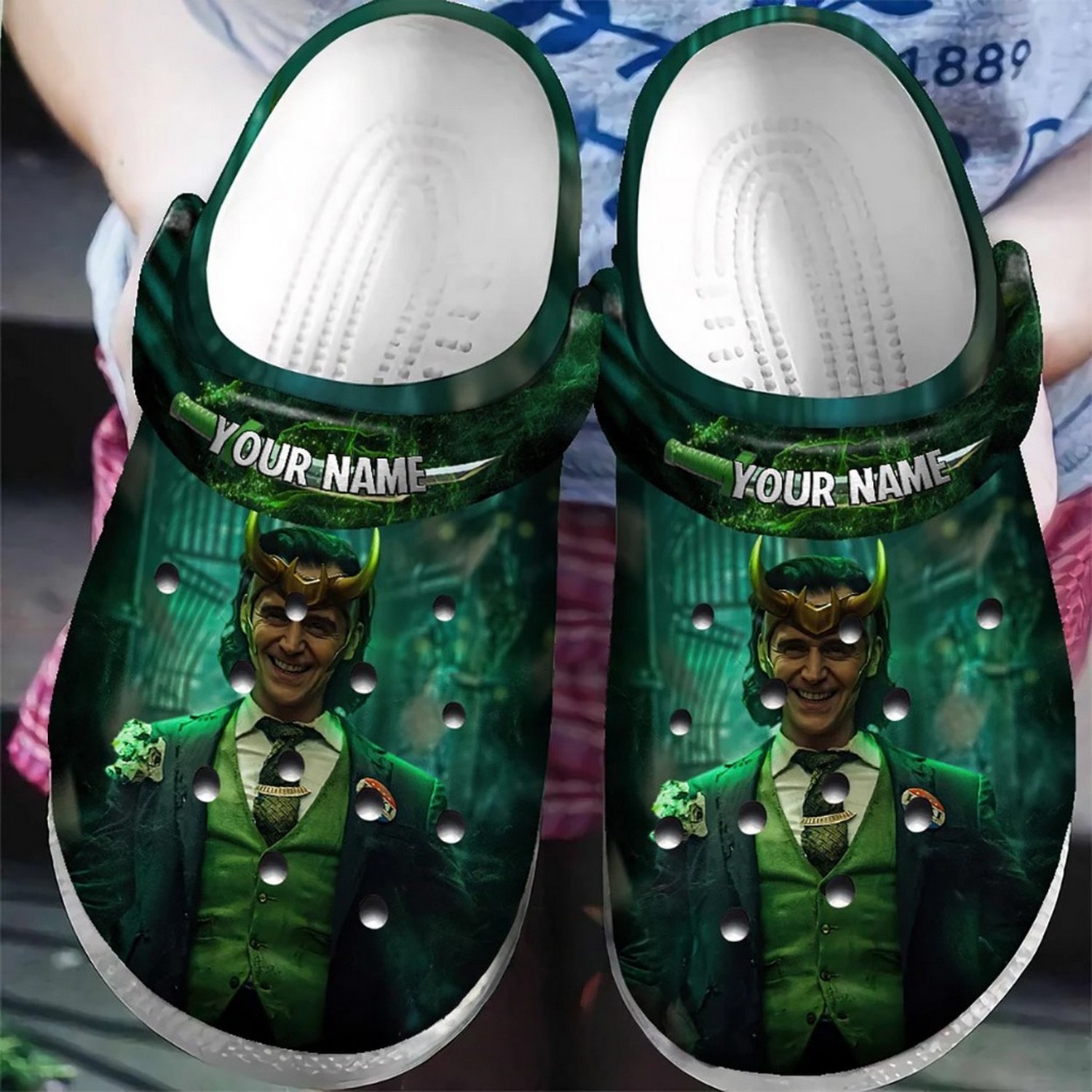custom name loki smile green clogs for kids and adults 2l5tk