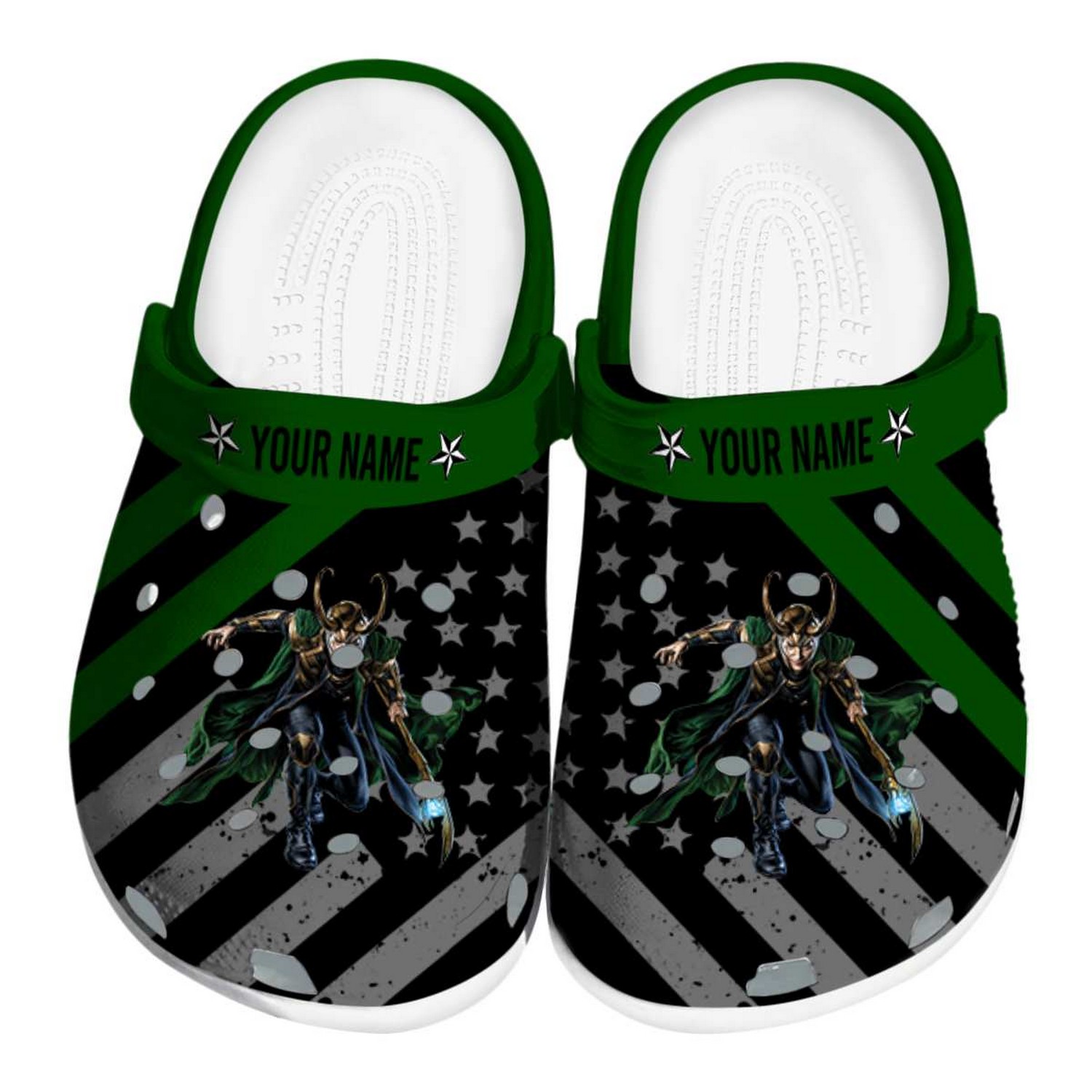 custom name loki star spangled graphic clogs for kids and adults 8hlrd