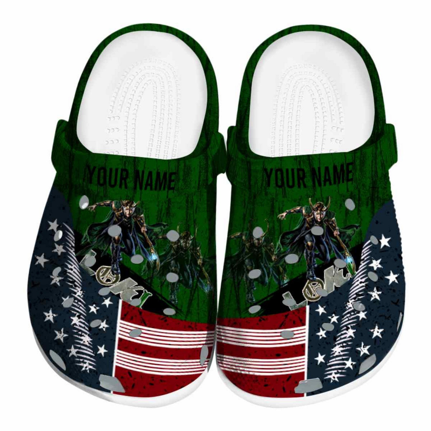 custom name loki star spangled side pattern clogs for kids and adults 3qy8p