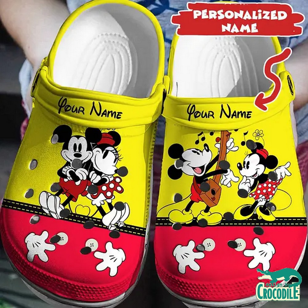 custom name love music mickey and minnie yeallow and red clogs for kids 26 adults io8b7
