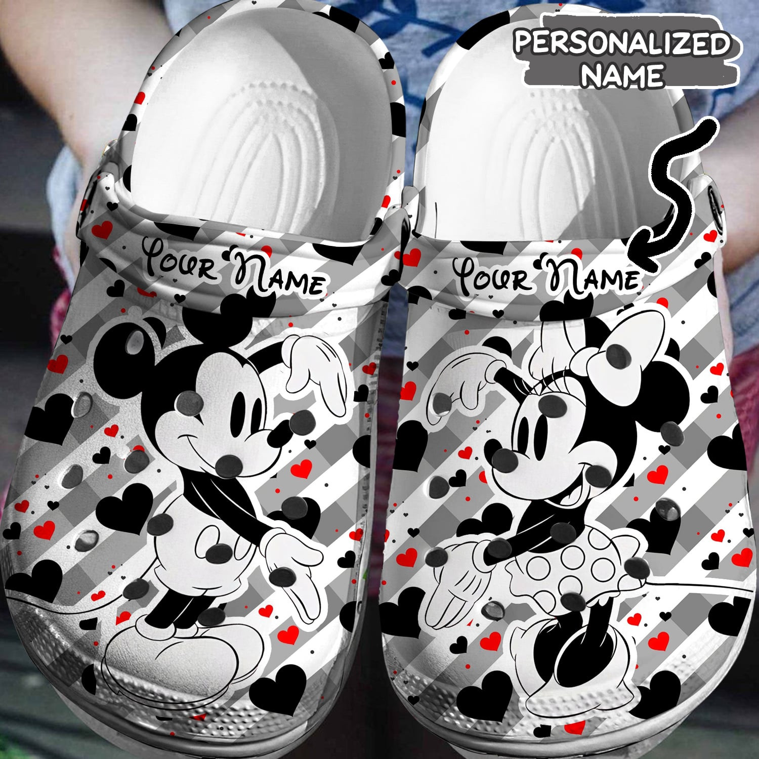 custom name make great heart mickey and minnie mouse white gray clogs for kids 26 adults 8h0mz