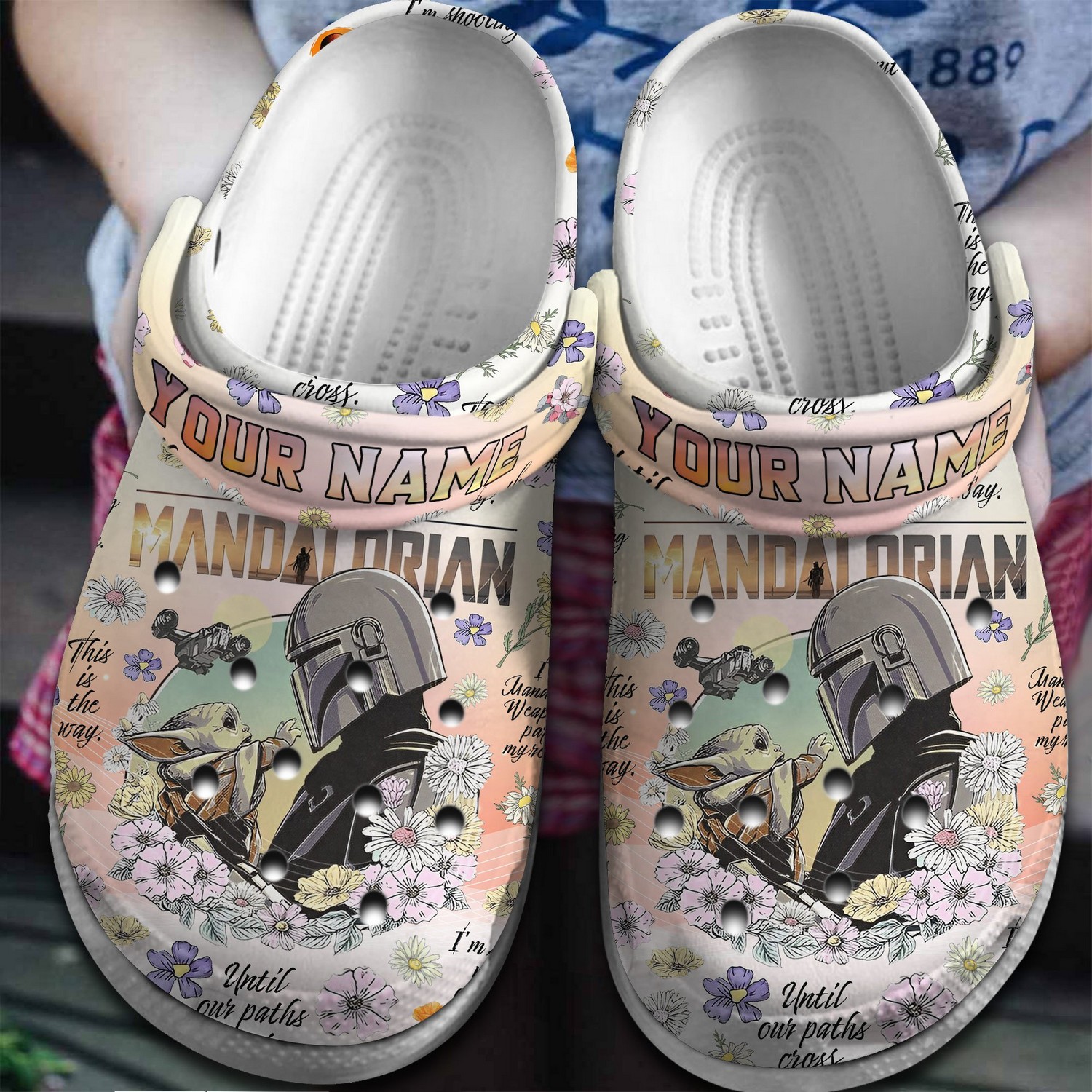 custom name mandalorian and baby yoda and flower star wars ligth orange clogs for kids and adults rje4j