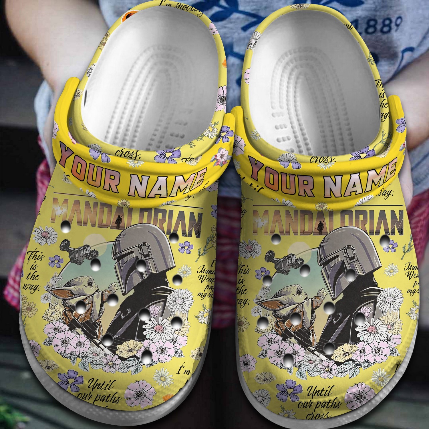 custom name mandalorian and baby yoda and flower star wars ligth yellow clogs for kids and adults fast shipping cf0mt