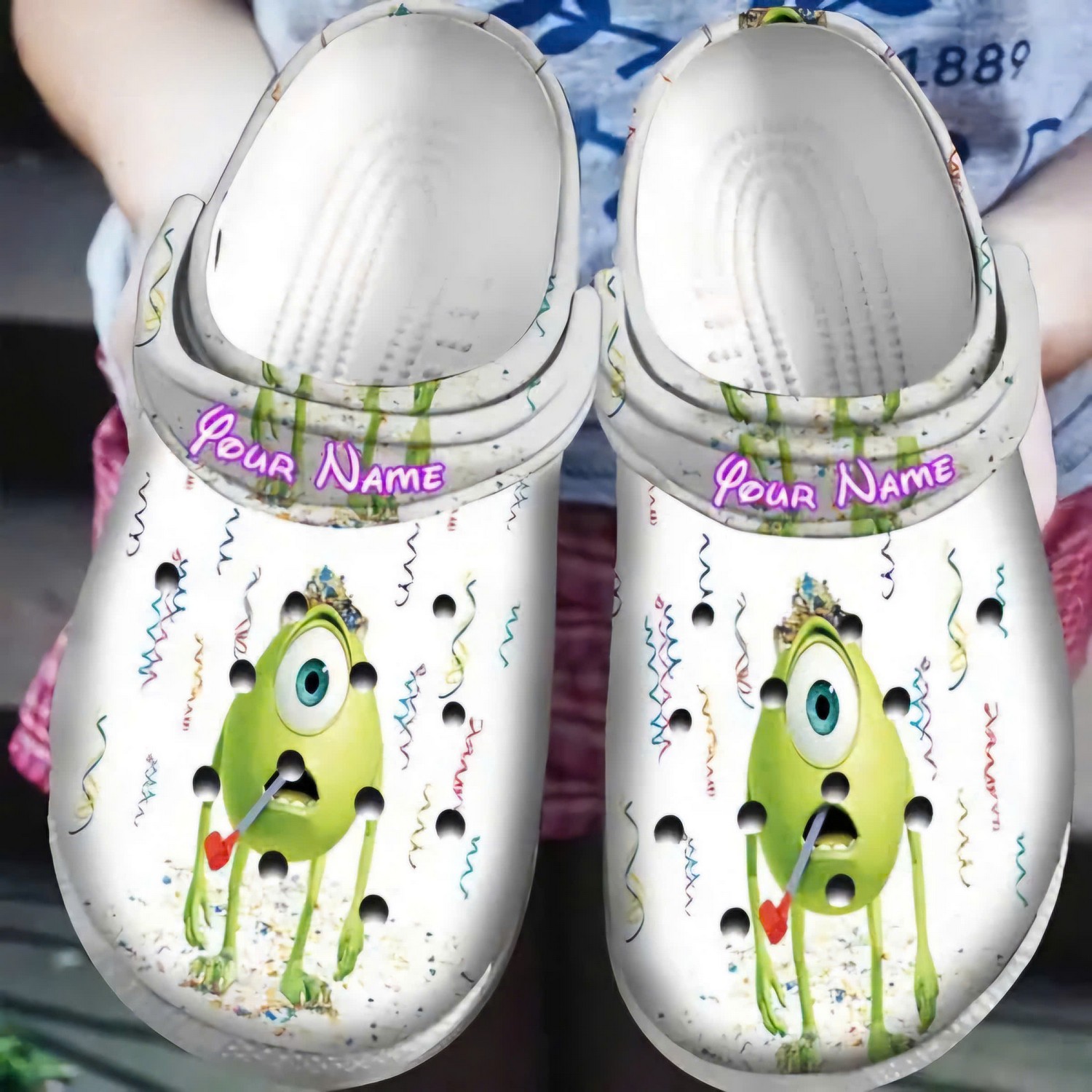 custom name mike wazowski celebrating monsters inc clogs for kids 26 adults fs4cv