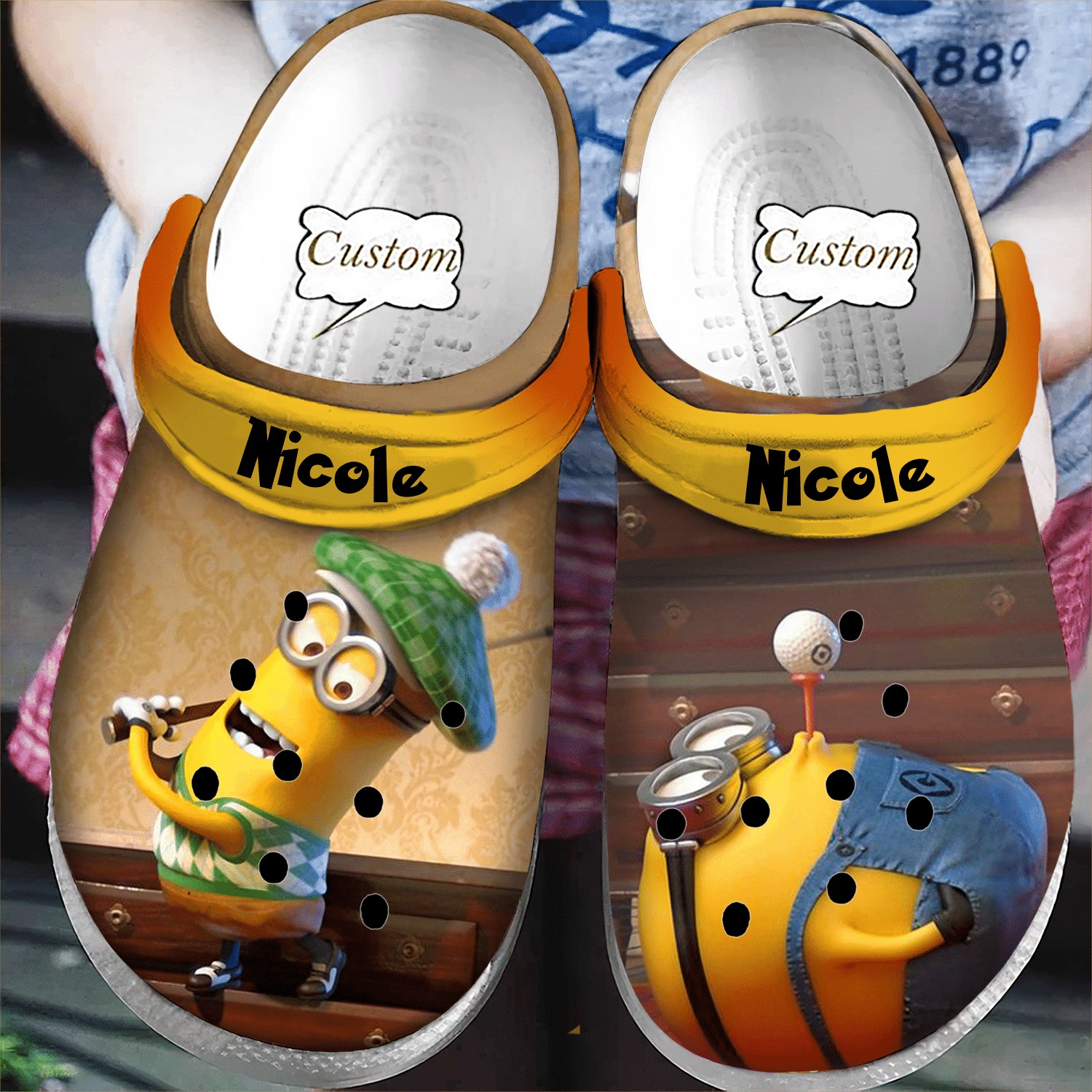 custom name minions playing golf clogs for kids and adults wpocv
