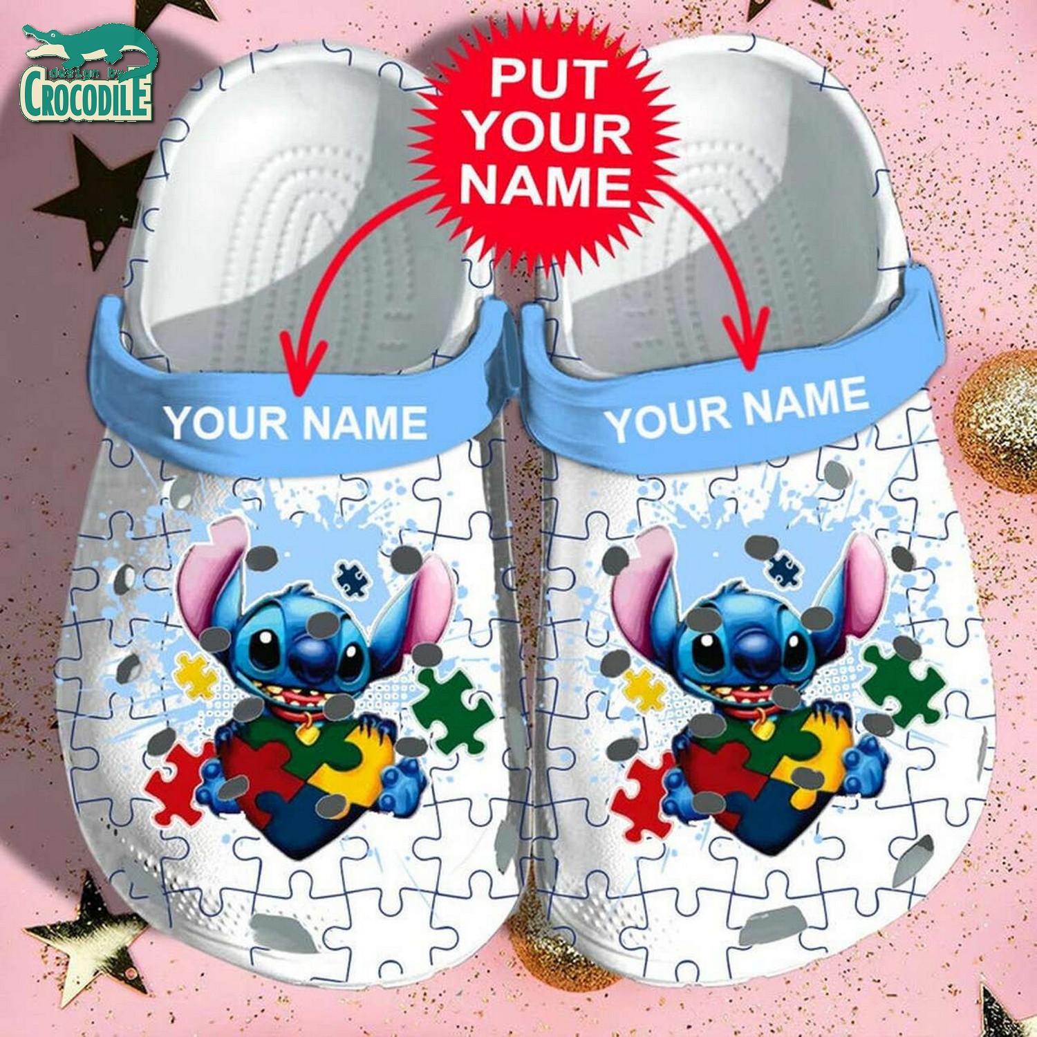custom name puzzle pieces of heart stitch white clogs for kids 26 adults 1uiog